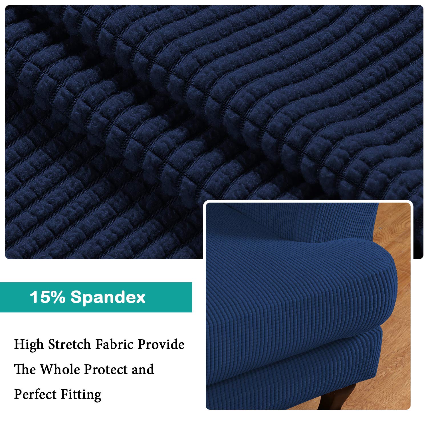 Turquoize Wingback?hair?overs 2 Piece?ing?hair?lipcover Stretch Slipcovers For Wingback Chairs Wing Chair Cover Spandex Jacquard Fabric With Elastic Bottom Non-Slip Furniture Cover, Navy