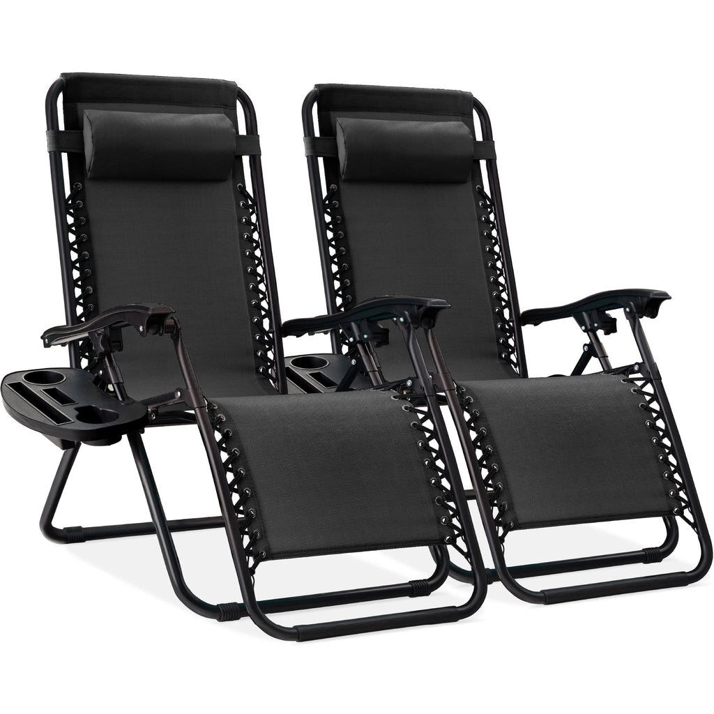 Best Choice Products Set Of 2 Adjustable Steel Mesh Zero Gravity Lounge Chair Recliners W/Pillows And Cup Holder Trays - Black