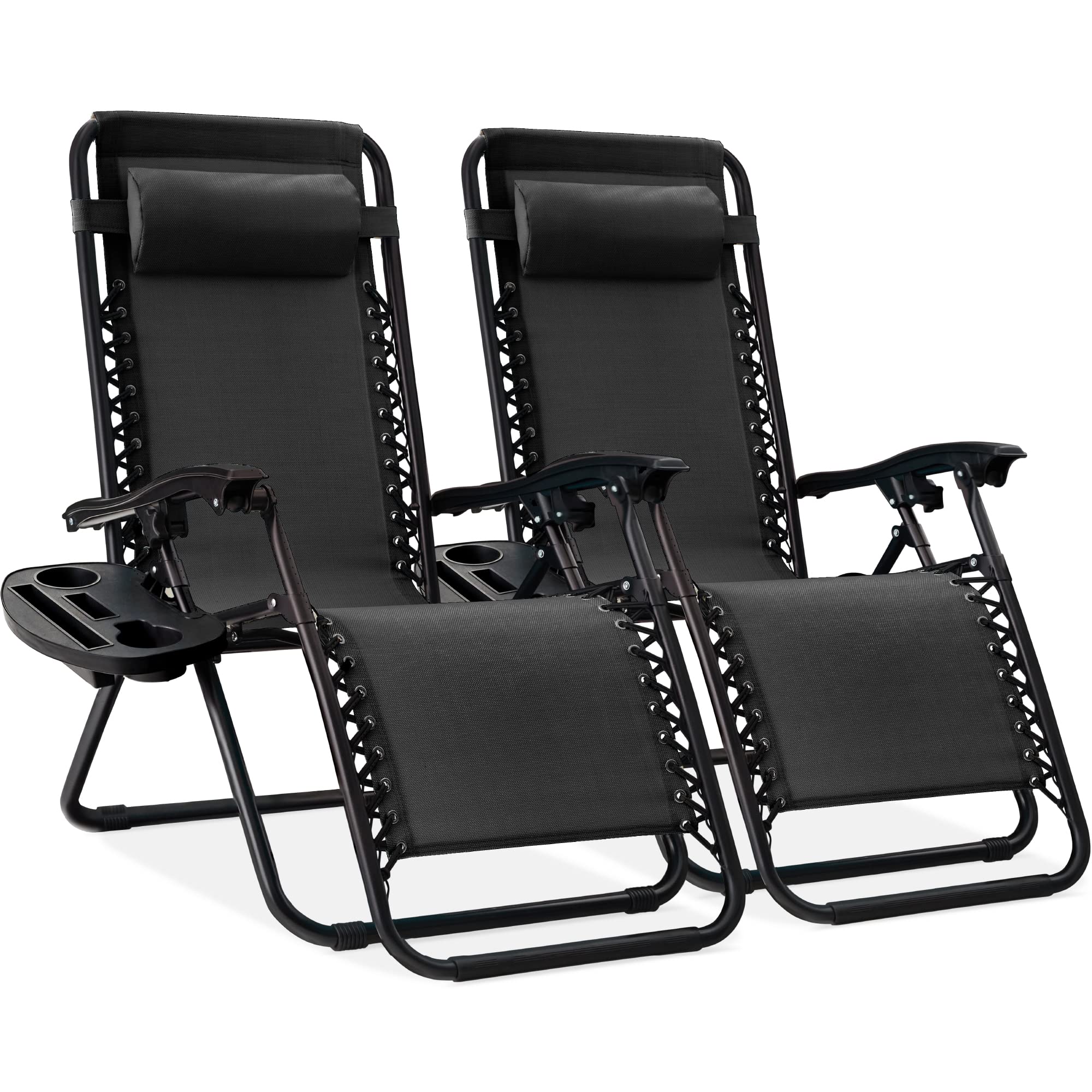 Best Choice Products Set Of 2 Adjustable Steel Mesh Zero Gravity Lounge Chair Recliners W/Pillows And Cup Holder Trays - Black