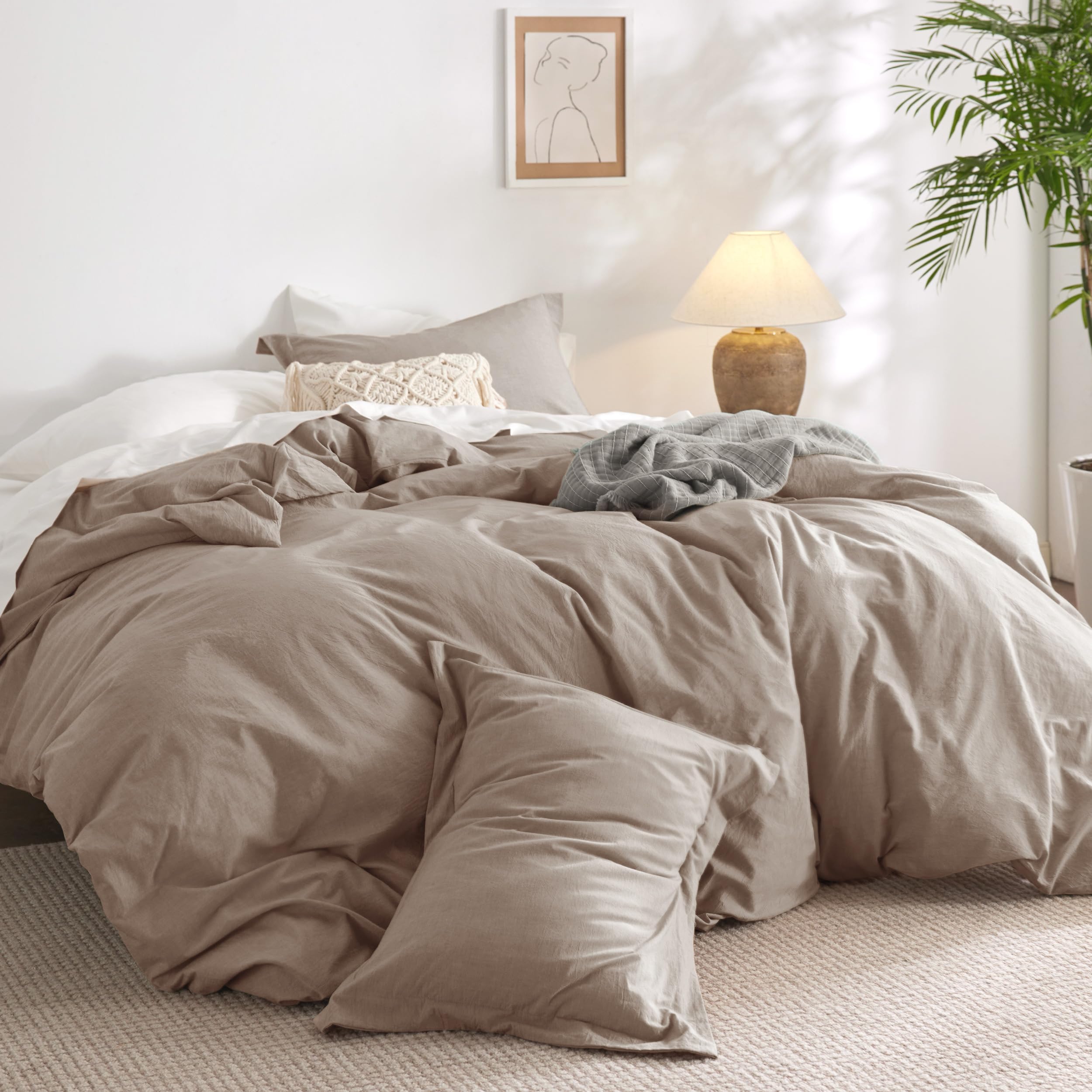 Bedsure 100% Washed Cotton Duvet Cover Queen - Taupe Minimalist Cotton Duvet Cover Set Linen Like - 3 Pieces Gentlesoft™ Plain Simple Bedding Set With 2 Pillow Shams (Taupe, Queen, 90'X90')