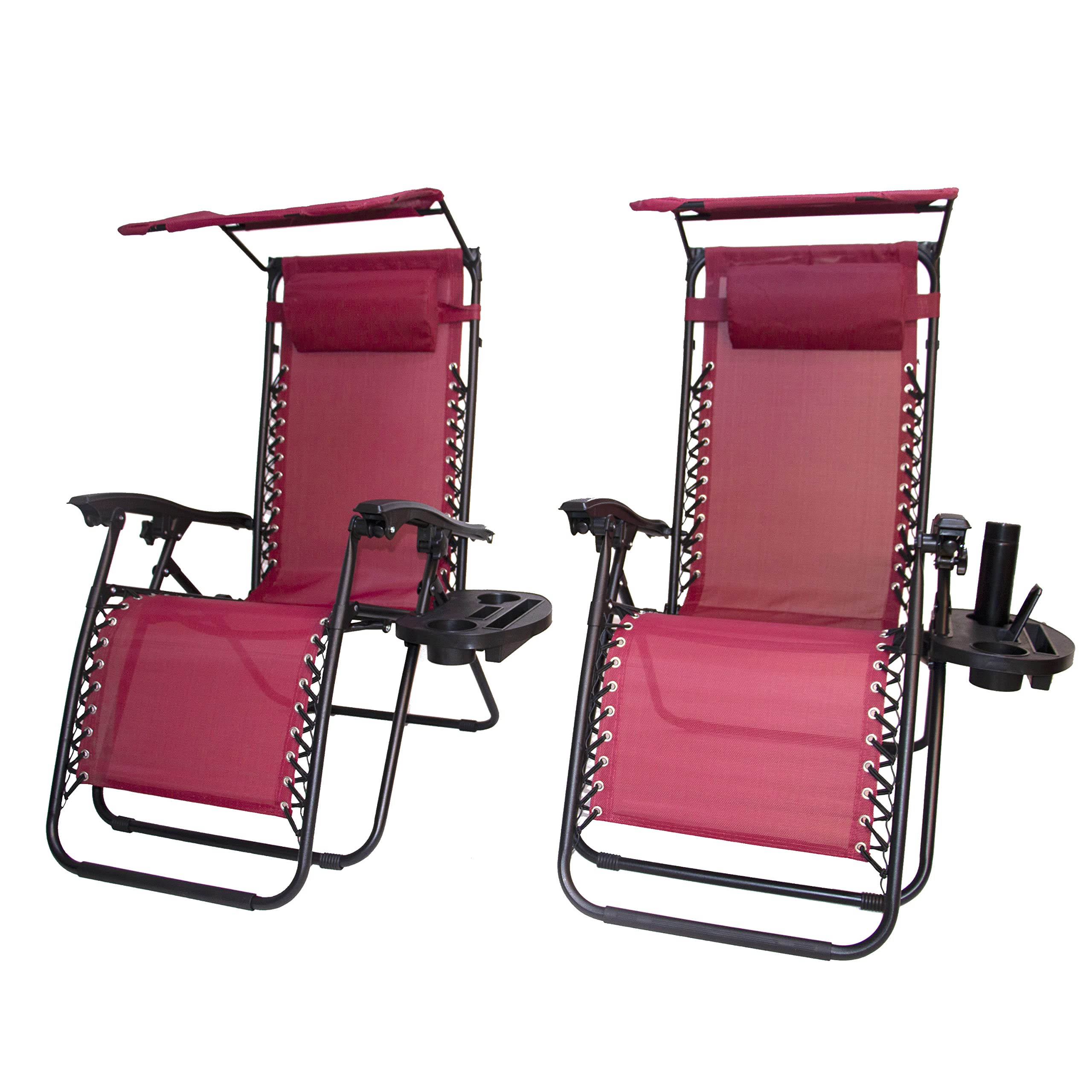 Btexpert Adjustable Steel Mesh Zero Gravity Lounge Chairs Case Outdoor Patio Recliner Beach Yard Garden With Pillow Sunshade Utility Tray Cup Holder (Set Of 2, Red Burgundy With Canopy)