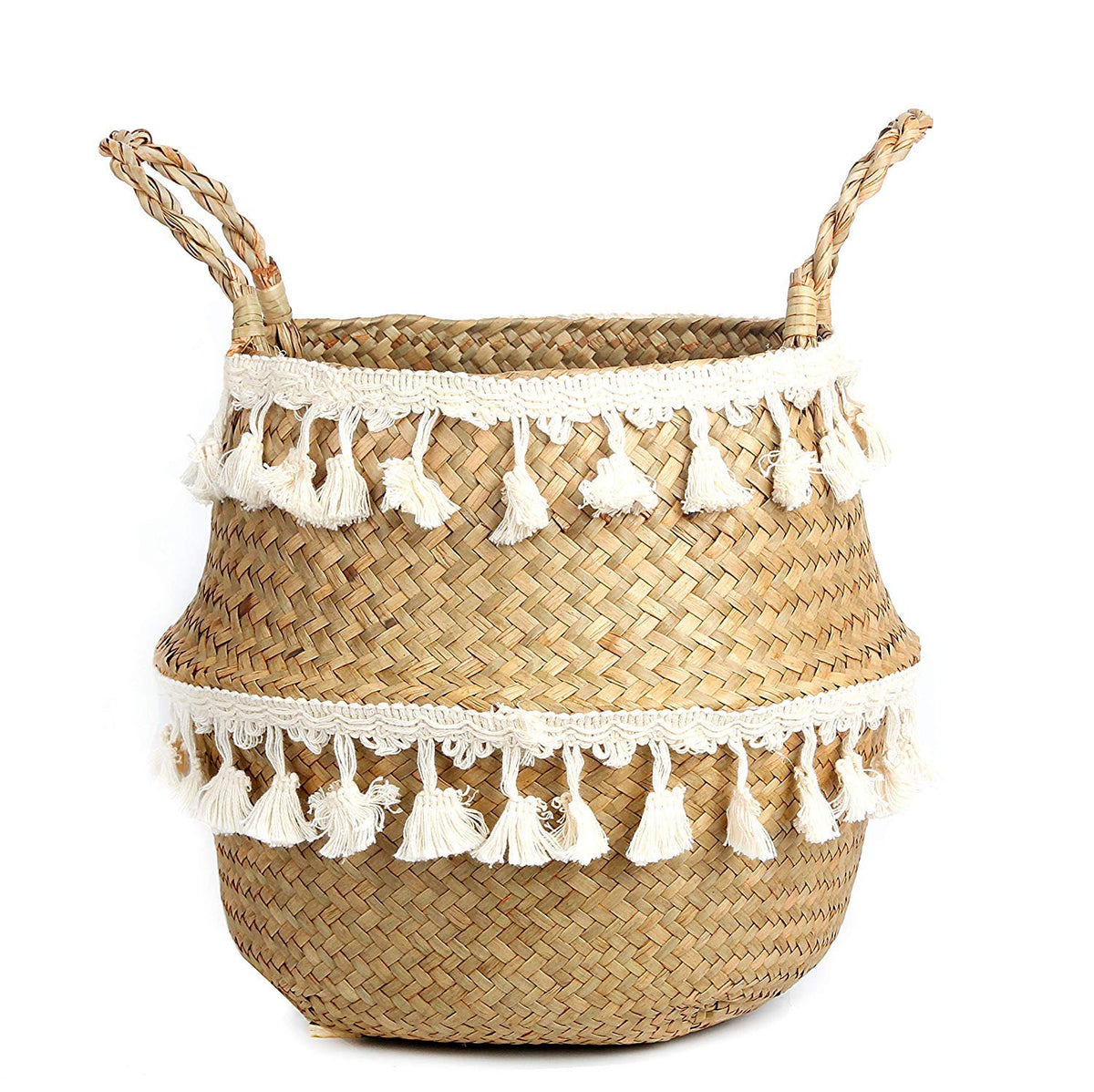 BlueMake Tassel Macrame Woven Seagrass Belly Basket for Storage, Decoration, Laundry, Picnic, Plant Basin Cover, Groceries and T