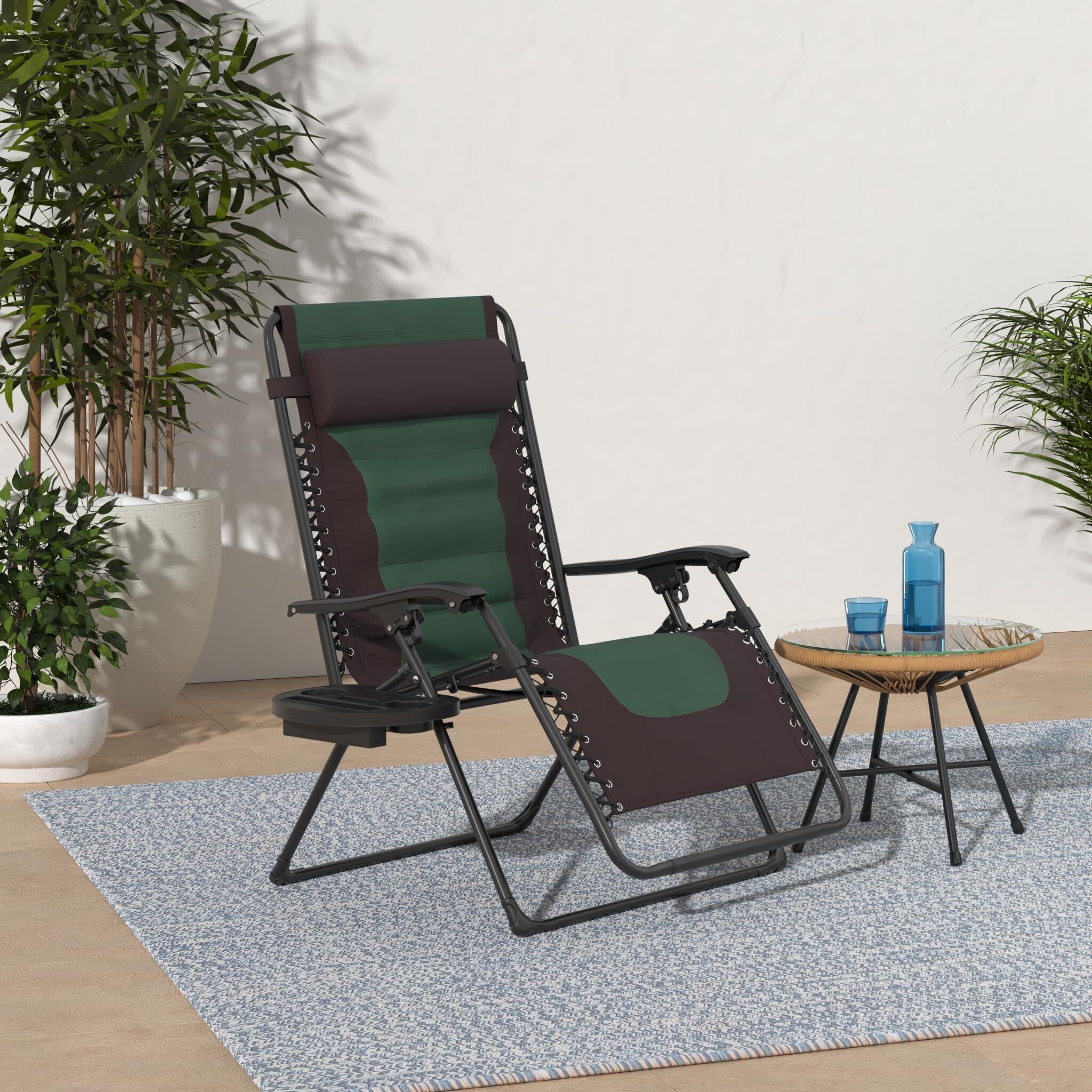 Best Choice Products Oversized Padded Zero Gravity Chair, Folding Outdoor Patio Recliner, Xl Anti Gravity Lounger For Backyard W/Headrest, Cup Holder, Side Tray, Polyester Mesh - Espresso/Green
