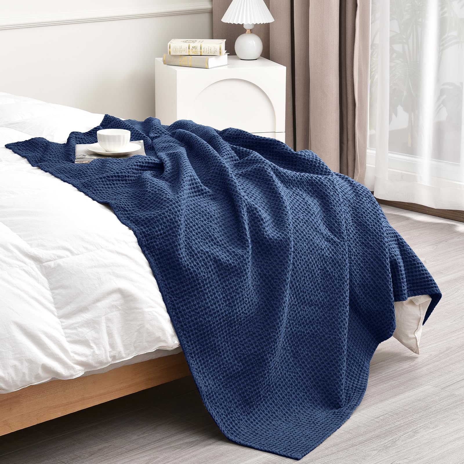 Phf 100% Cotton Waffle Weave Throw Blanket 50'X60'-Lightweight Washed Soft Breathable Blanket For Adults And Kids-Perfect Blanket Layer For Couch Bed Sofa-Elegant Home Decoration-Navy Blue