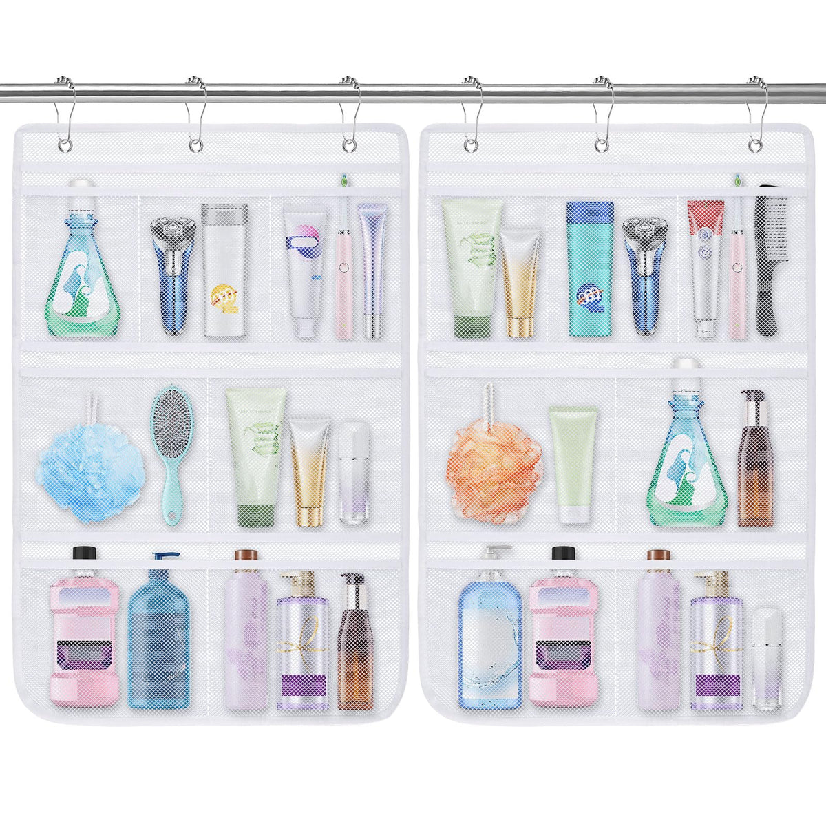 2 Pack Mesh Shower Caddy Hanging Organizer with Pockets, Quick Drying Bathroom Organizer, Shower Mesh Bag Storage with 6 Hooks f
