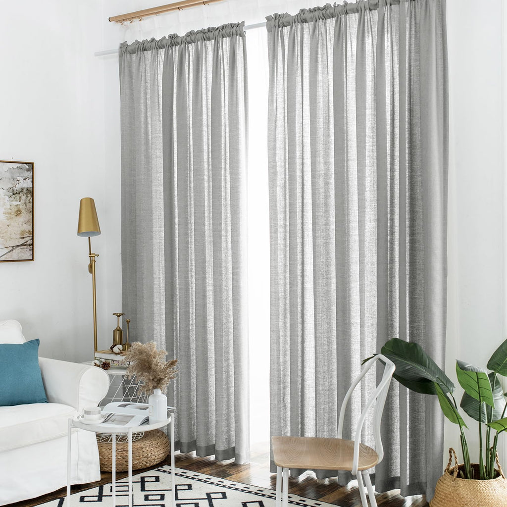Melodieux Silver Gray Semi Sheer Curtains 108 Inches Long for Living Room Bedroom, Extra Long Linen Look Rustic Rod Pocket Sheer