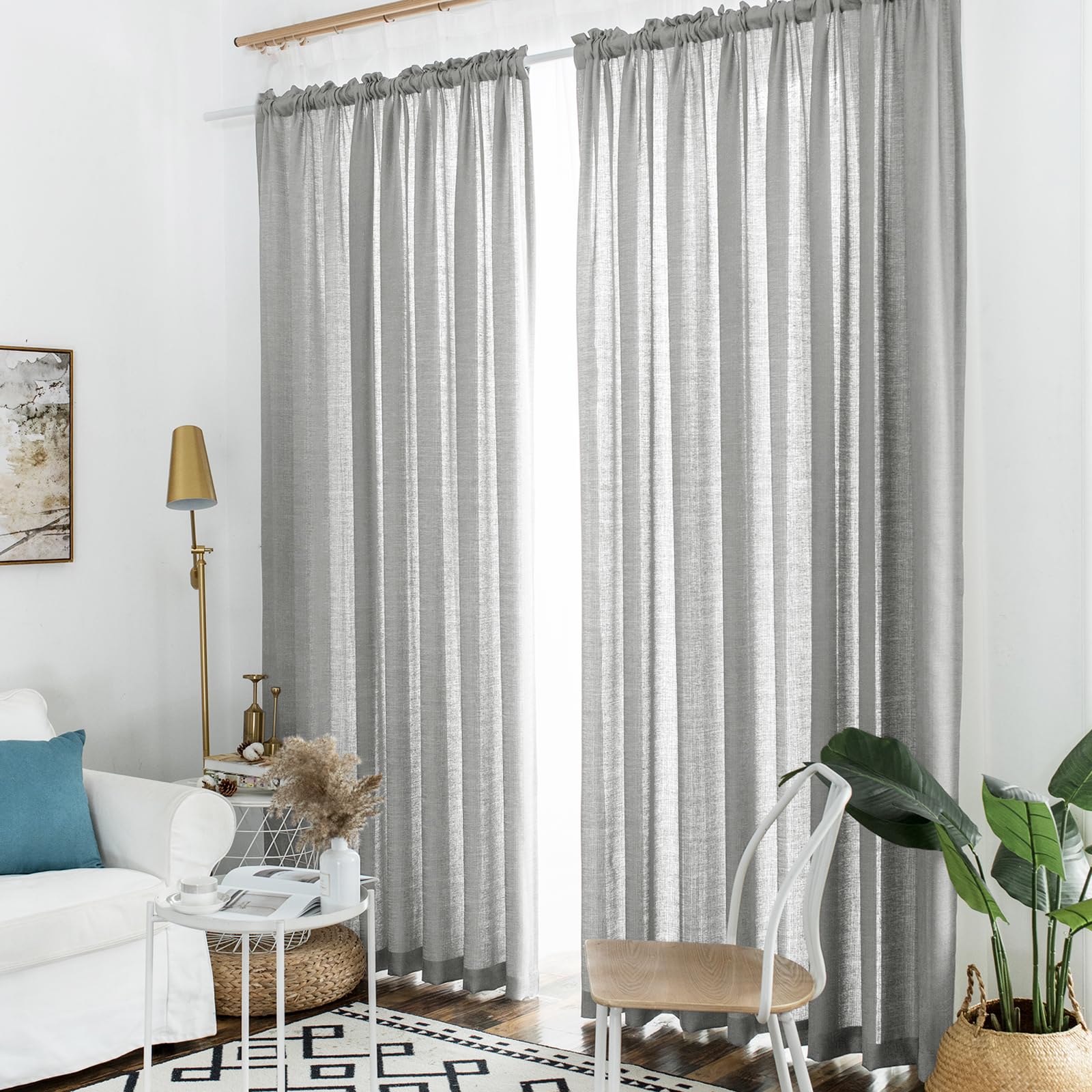 Melodieux Silver Gray Semi Sheer Curtains 108 Inches Long for Living Room Bedroom, Extra Long Linen Look Rustic Rod Pocket Sheer
