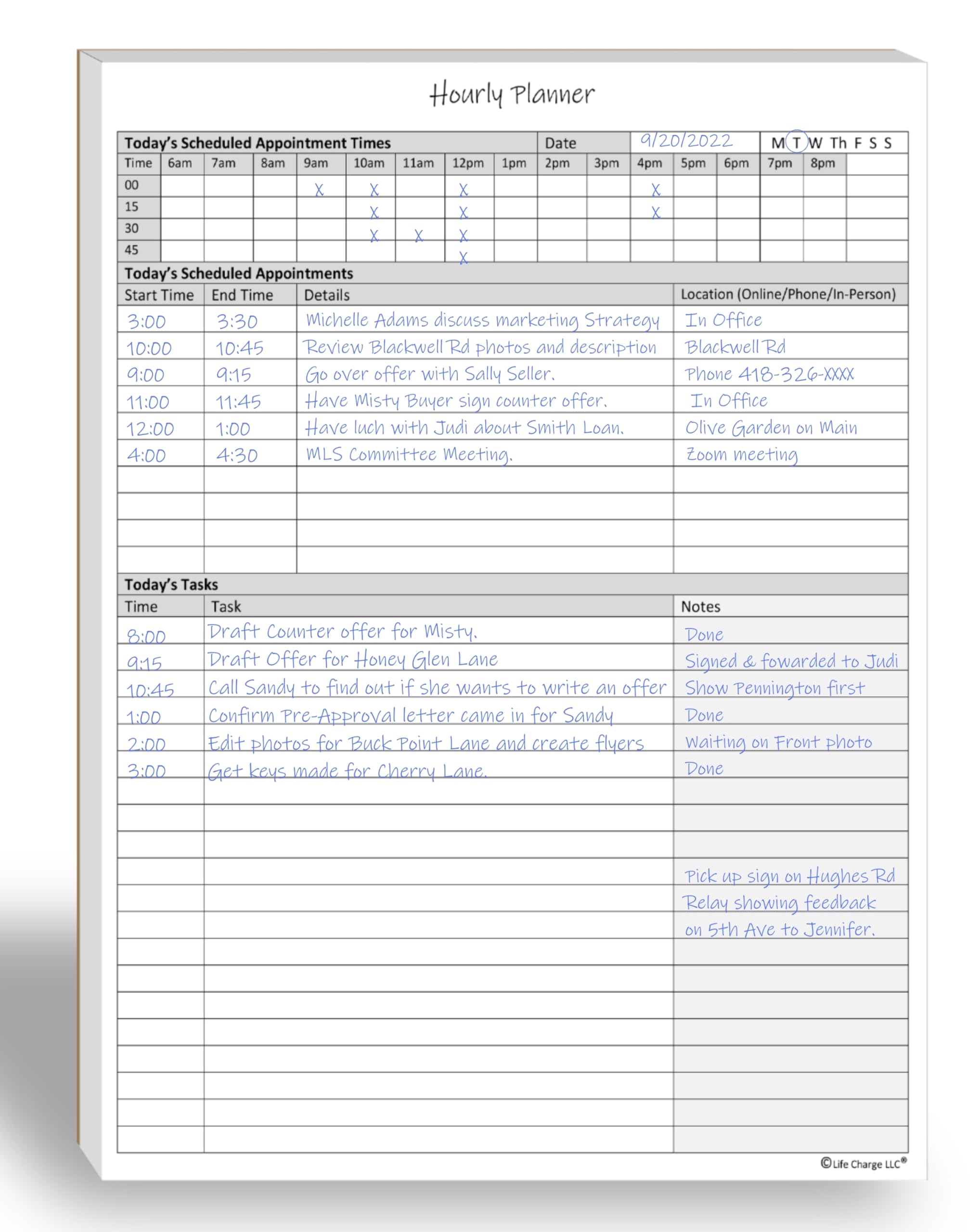 Hourly Planner Notepad. 60 Page Planning Pad W/Appointment Time Block, Task Log List & Note Sections. For Office Work Schedule &
