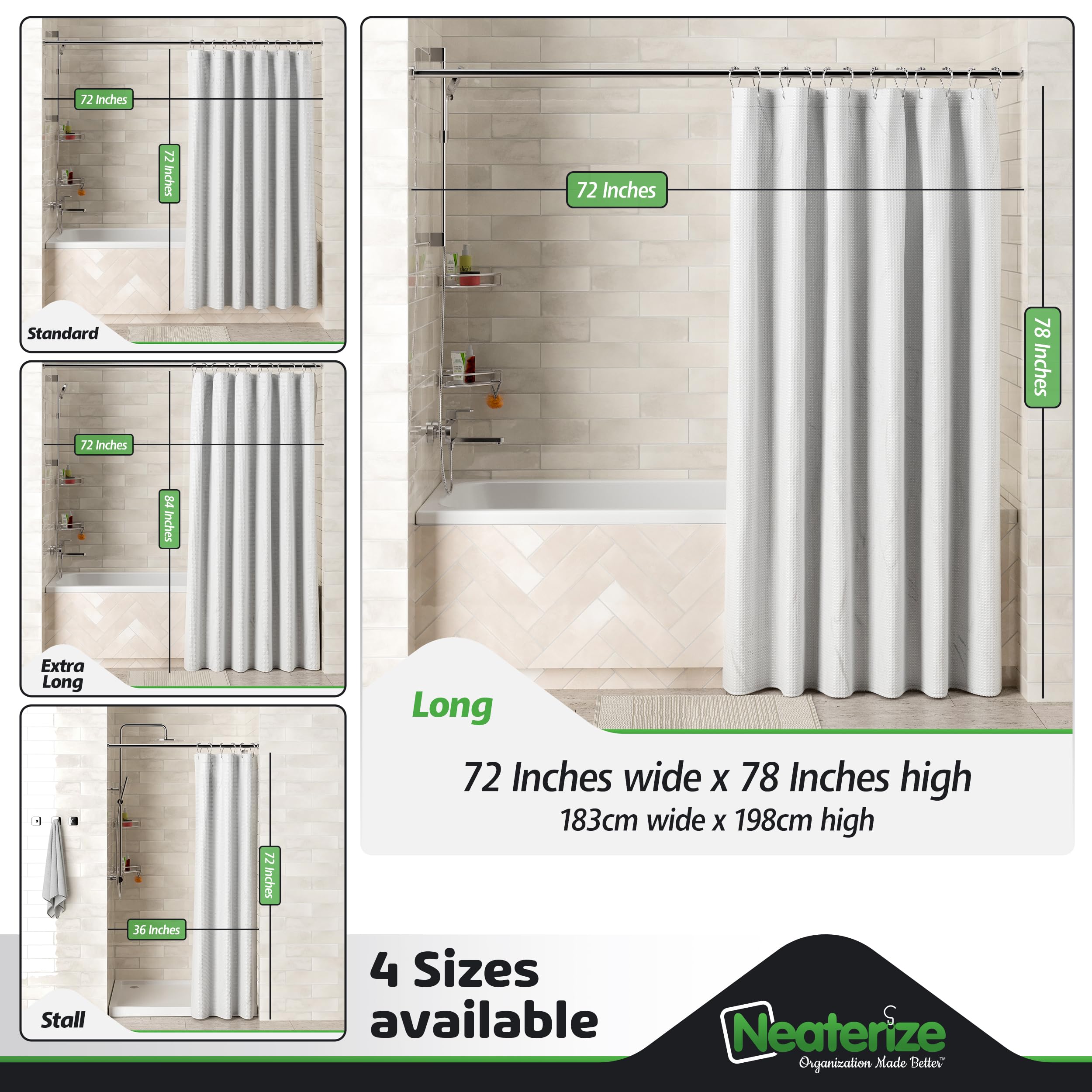 Neaterize Shower Curtain White - Hotel Style Shower Curtains For Bathroom With Waffle Design, 72X78 Inches - White Fabric Shower