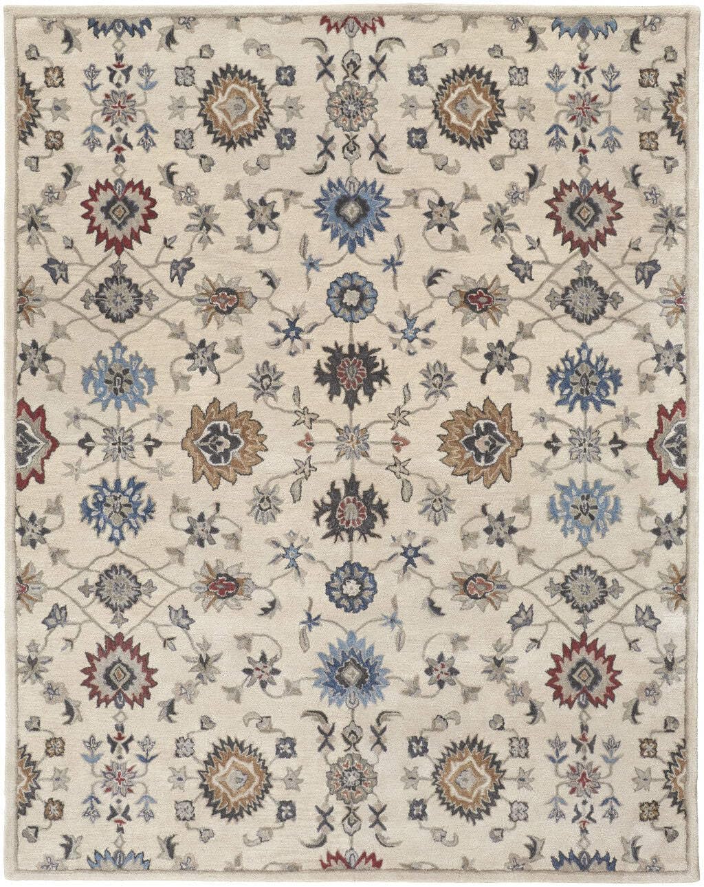 HomeRoots 514818 8 x 10 ft. Ivory Blue & Tan Wool Floral Hand Tufted Handmade Stain Resistant Rectangle Area Rug