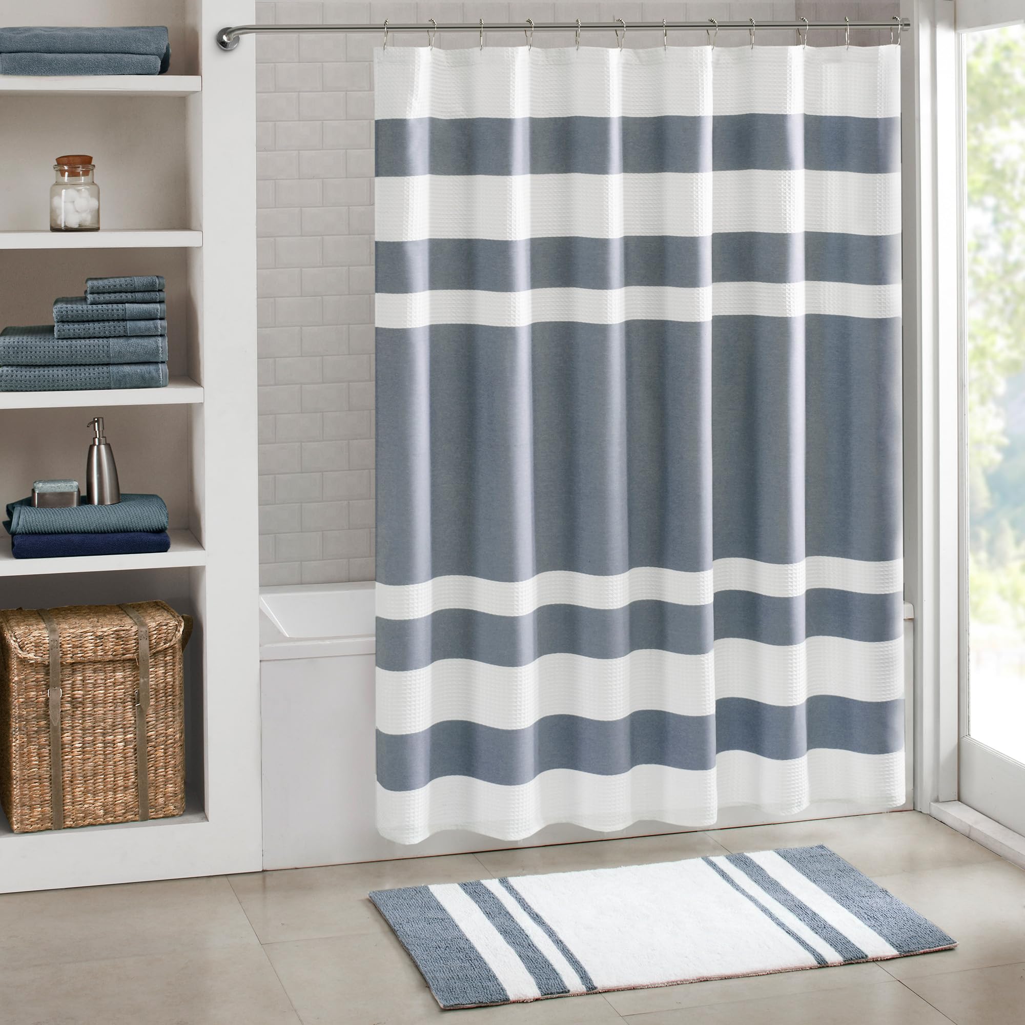Madison Park Spa Waffle Shower Curtain Pieced Fabric With 3M Scotchgard Moisture Management, Premium Spa Quality Modern Shower Curtains For Bathroom, Standard 72X72, Indigo Blue