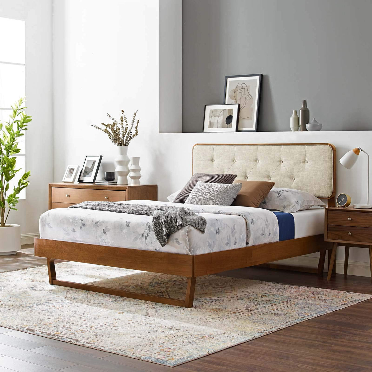 Modway Mod-6644-Wal-Bei Bridgette King Wood Platform Bed With Angular Frame, Walnut Beige