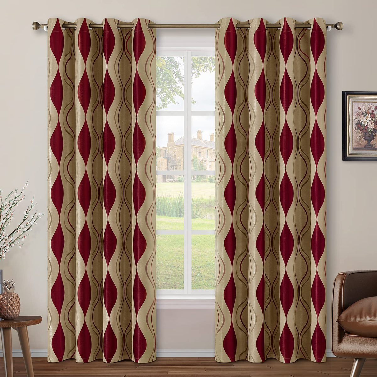 Homeideas Burgundy And Beige Wave Room Darkening Curtains 52 X 84 Inch Long Jacquard Grommet Window Curtains Drapes For Living R