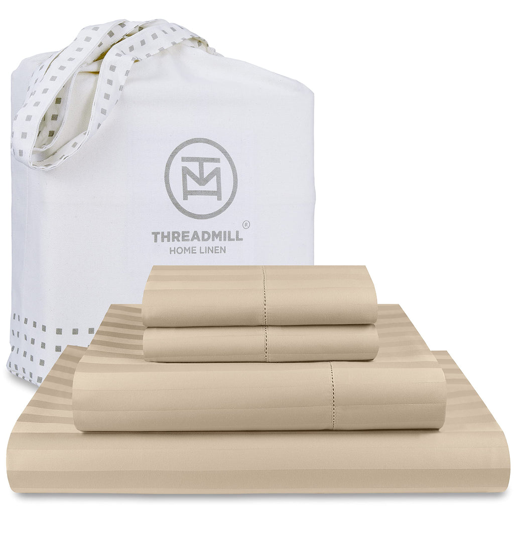 Threadmill 500 Thread Count Full Size Damask Stripe 4 Pc Luxury Cotton Sheet Set, Breathable Light Beige Sheets with 16'' Elasti