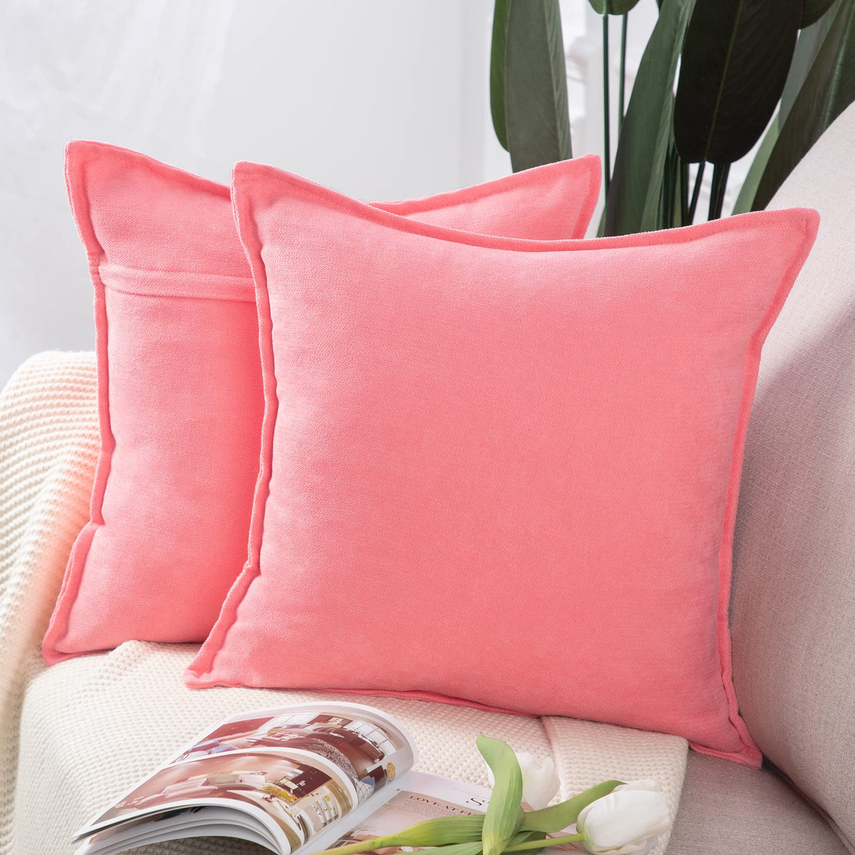 Madizz Set Of 2 Short Chenille Throw Pillow Covers 20X20 Inch Pink Soft Decorative Cushion Cover For Sofa Bedroom Pillow Shell