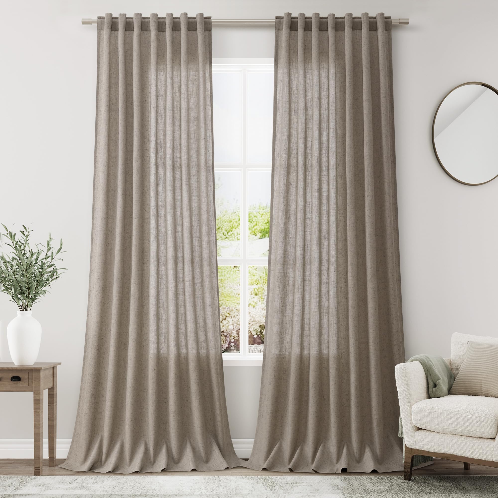 Nanspring Mocha Back Tab Linen Curtains For Living Room 2 Panels Set Semi Sheer Curtains For Dining Room 52X90