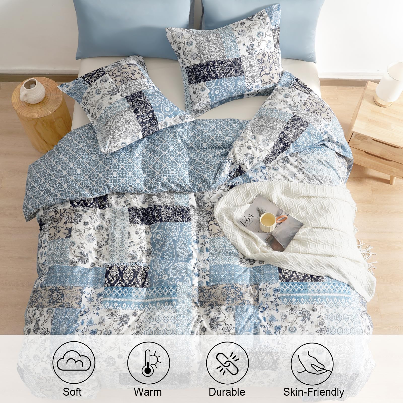 Phf Ultra Soft Floral Duvet Cover Twin Size, Printed Boho Bedding Set 2 Pieces, Comfy Farmhouse Reversible Paisley Pattern Duvet