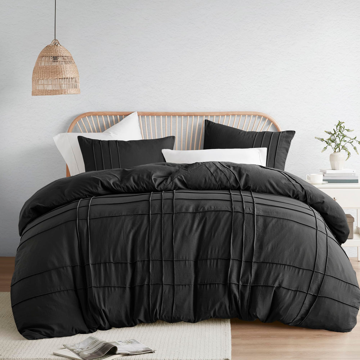 Comfort Spaces Black Cal King Size Duvet Cover Set - 3-Pc Pintuck Pleated Duvet Cover, All Season Lightweight, Extra Softness Pr