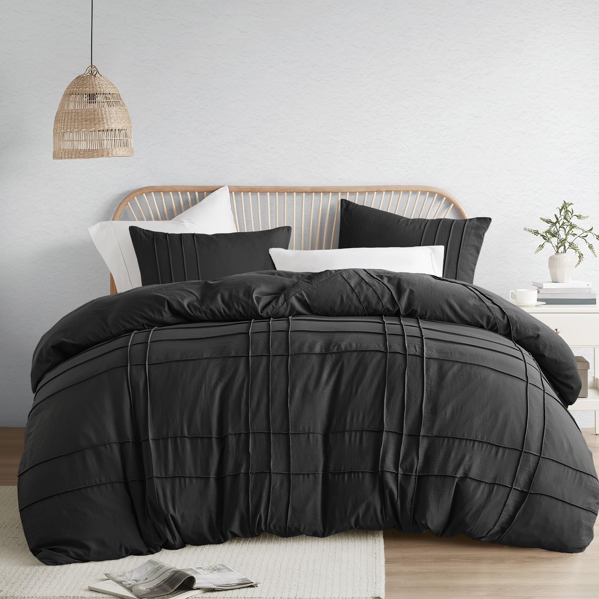 Comfort Spaces Black Queen Size Duvet Cover Set - 3 Pieces Pintuck Pleated Duvet Cover Queen, All Season Lightweight, Extra Softness Pre-Washed Microfiber Queen Bedding Cover Shams, Full/Queen