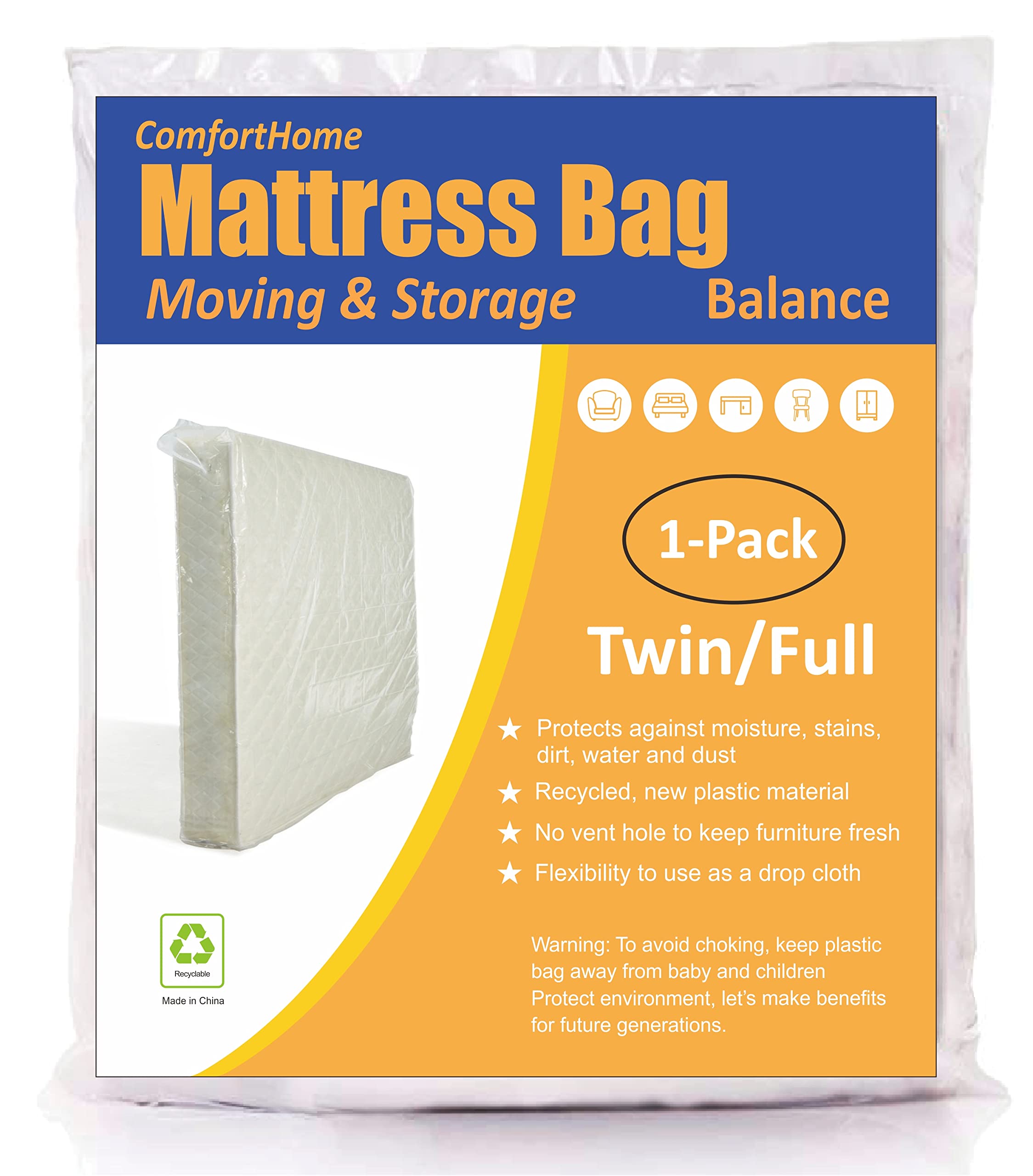 Comforthome Mattress Bag For Moving And Storage, Medium Weight, Fits Twin/Full Size