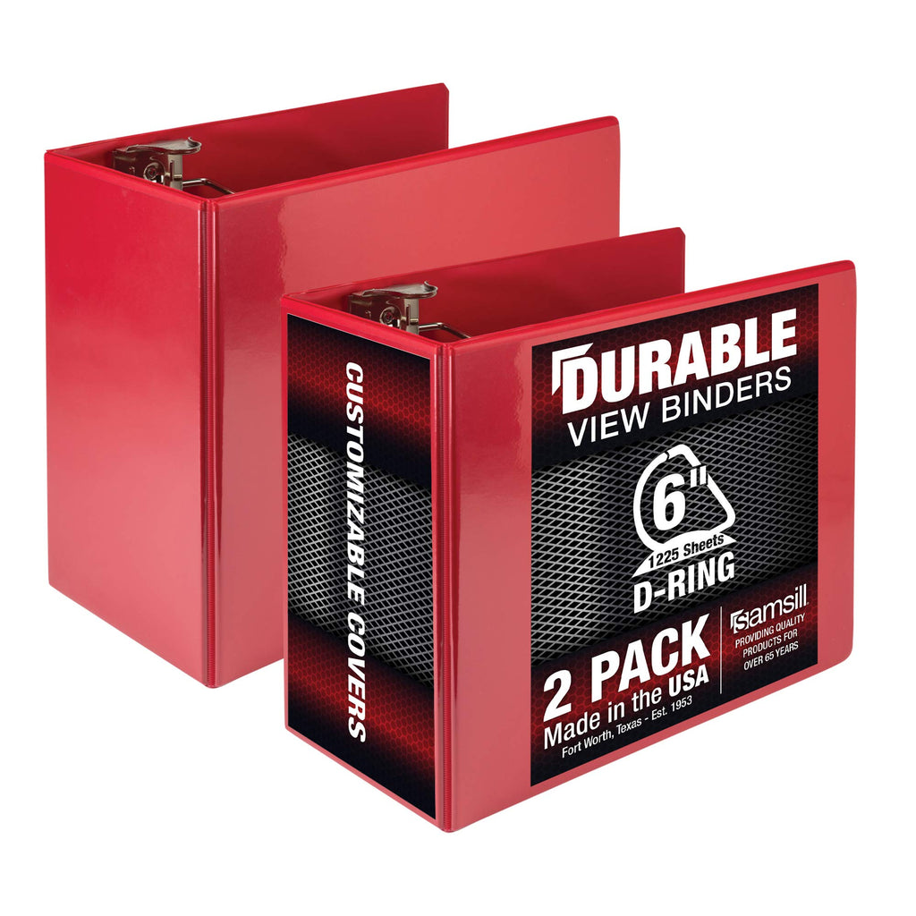 Samsill Durable 6 Inch Binder, Made In The Usa, Locking D Ring Binder, Customizable Clear View Cover, Red, 2 Pack, Each Holds 12