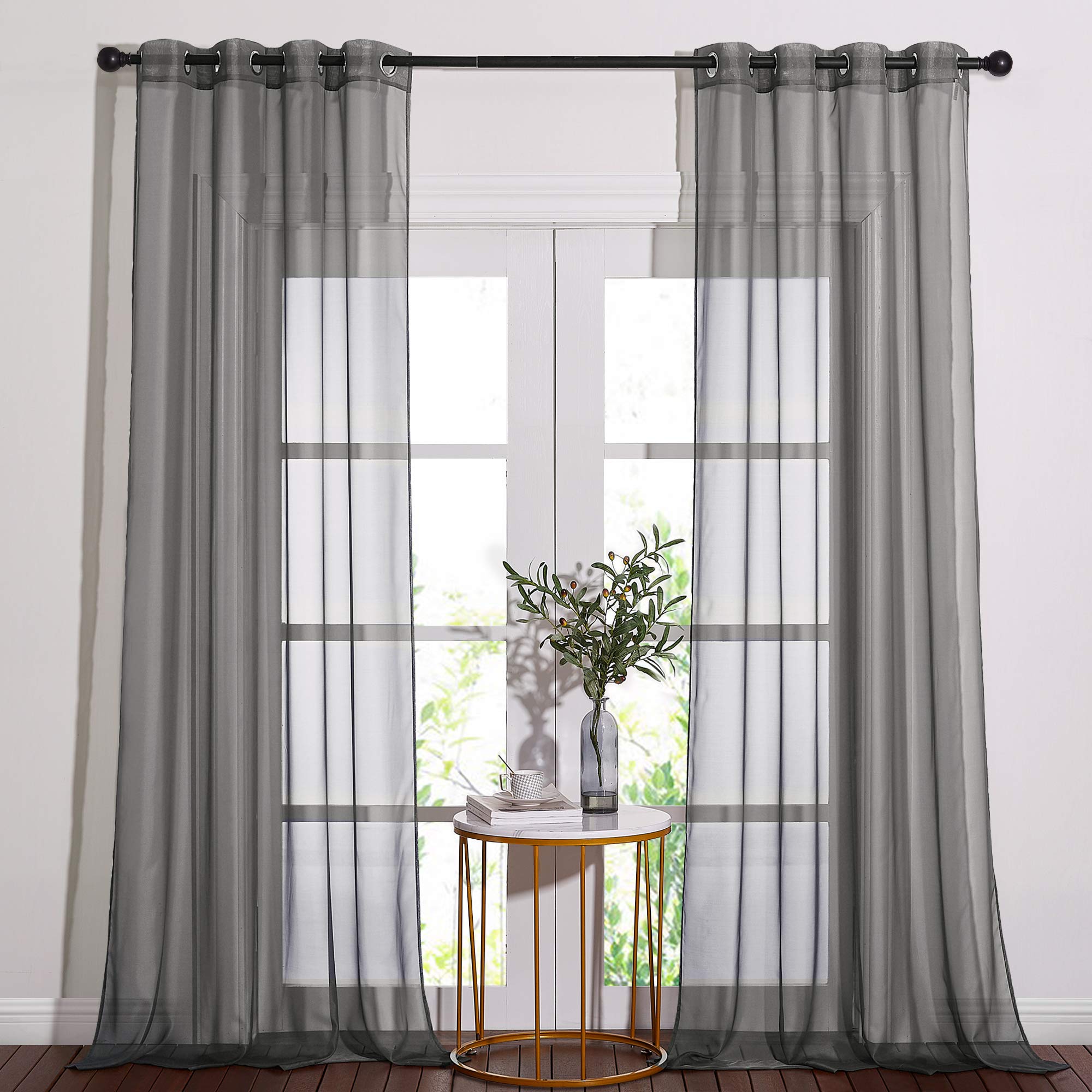 Nicetown Dark Grey Sheer Curtains 90 Inches Long 2 Panels, Grommet Top Soft Voile Sheer Airy & Lightweight Window Treatment For