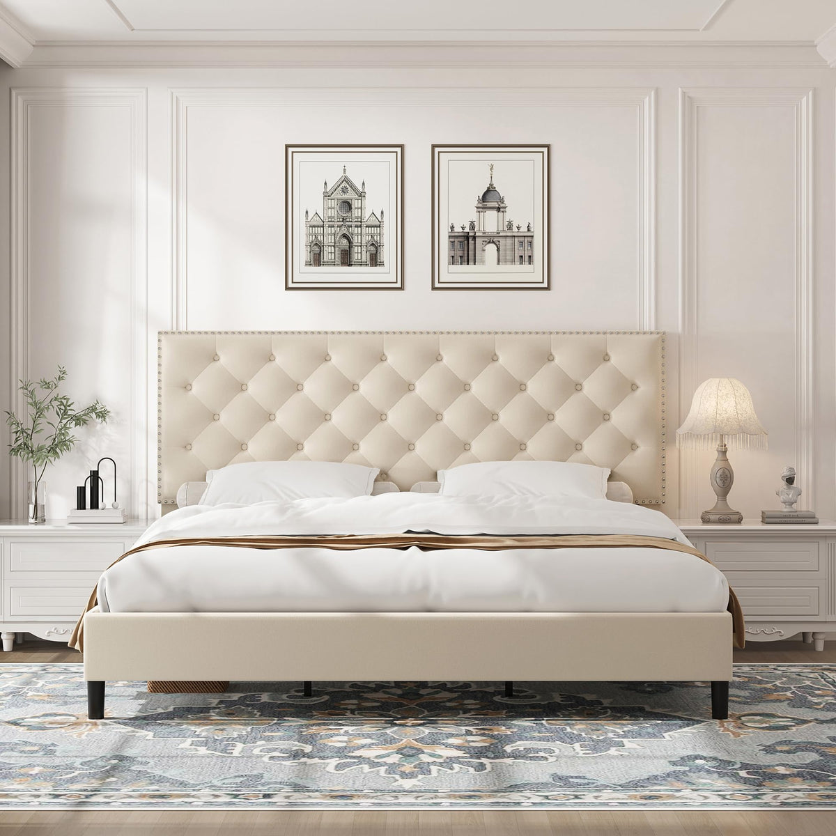Hostack Queen Size Bed Frame, Modern Upholstered Platform Bed With Adjustable Headboard, Heavy Duty Button Tufted Bed Frame With Wood Slat Support, Easy Assembly, No Box Spring Needed (Beige)