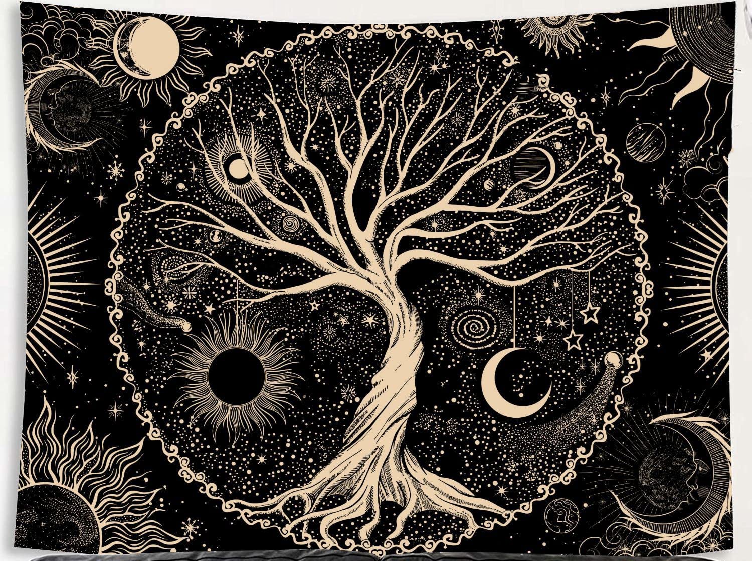 Sarbuter Tenacious Tree Of Life Tapestry Sun And Moon Tapestry Black And White Tapestry Star Wall Hanging Decor For Bedroom (200
