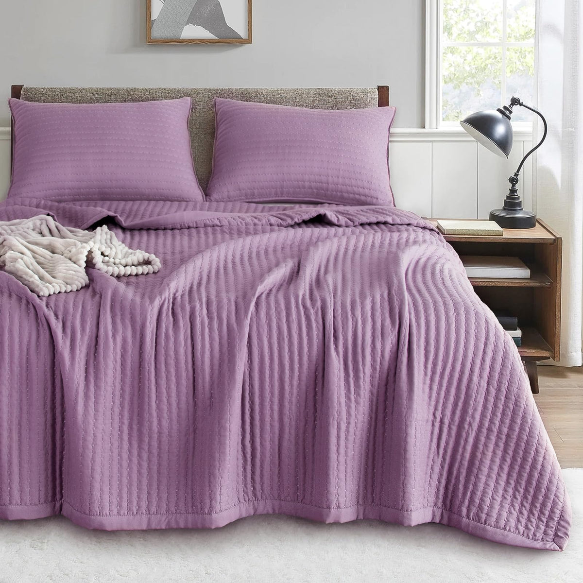 Kasentex Purple Oversized Queen Size Quilt Bedding Sets With Pillow-Shams, Lightweight Soft Bedspread, Durable Stitched - Quilte