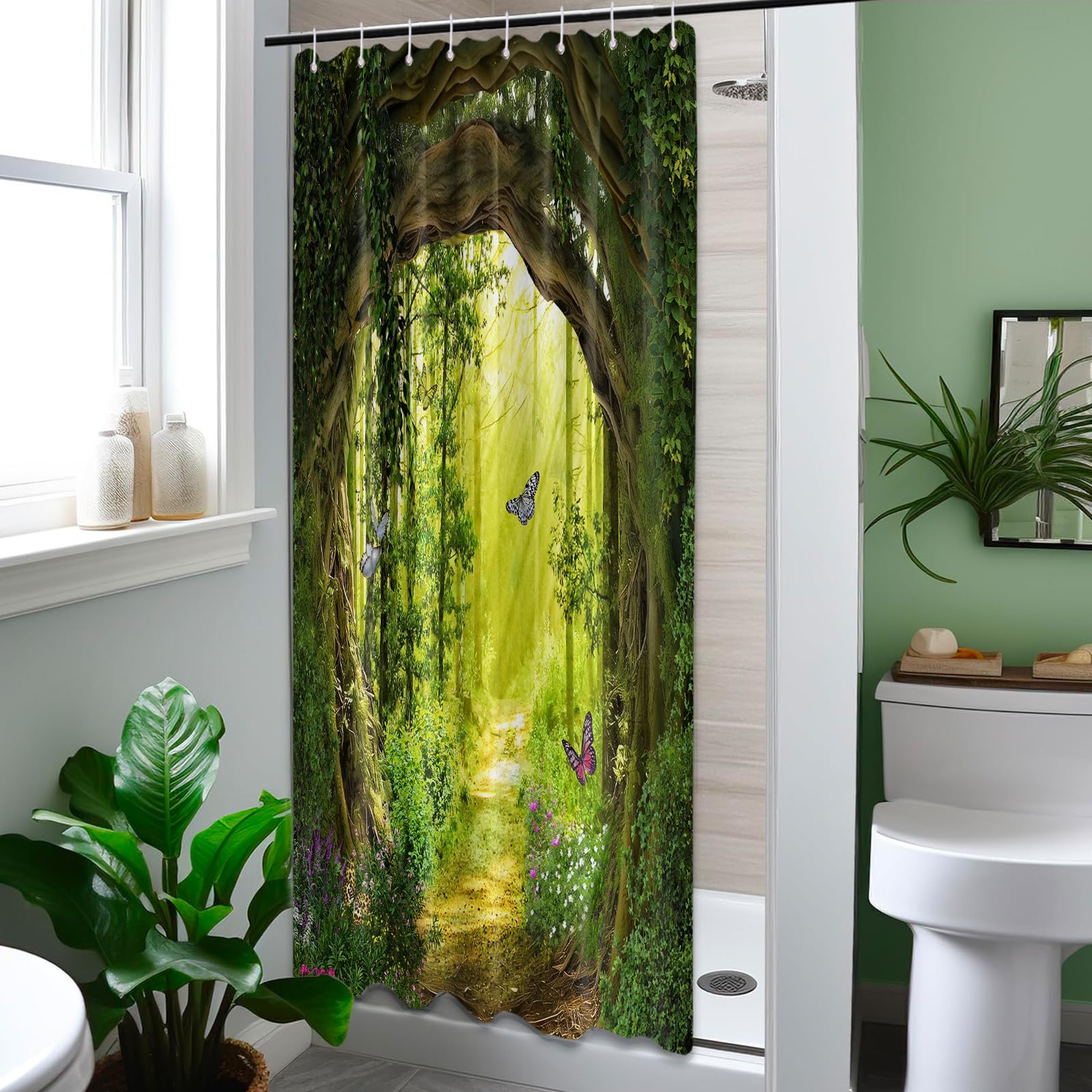QGHOT Green Forest Small Shower Curtain Stand Up Stall Shower Curtains Rv Narrow Nature Scenic Tree Bathroom Decor, Waterproof C