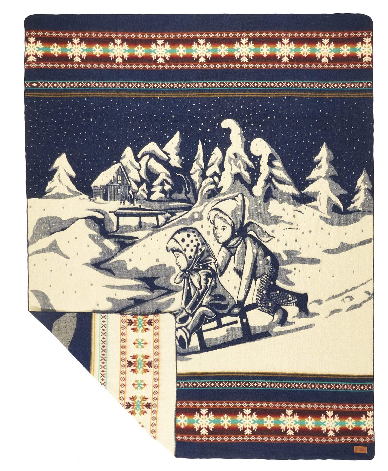 HomeRoots Ultra Soft Blue and Ivory Kids Sledding Handmade Queen Size Woven Blanket