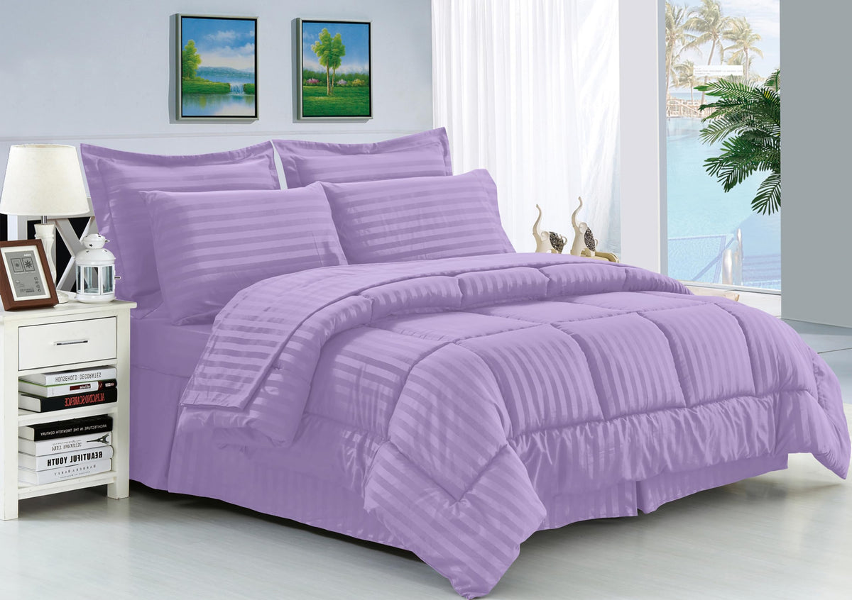 Elegant Comfort Silky Soft 8-Piece Dobby Stripe Bed-In-A-Bag Comforter Set, Includes 4Pc Smart Sheet Set, Bed Skirt, Comforter, Matching Pillowcases And Shams - Twin/Twin Xl, Lilac
