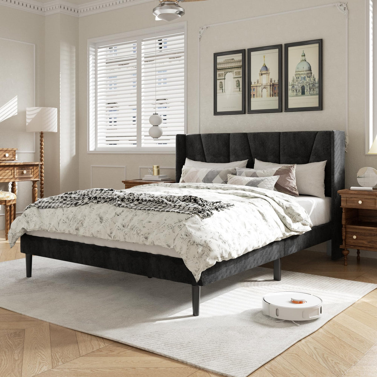 HAOARA Queen Size Bed Frame with Headboard, Velvet Upholstered Platform Bed Frames, Contemporary Mattress Foundation, Noise Free