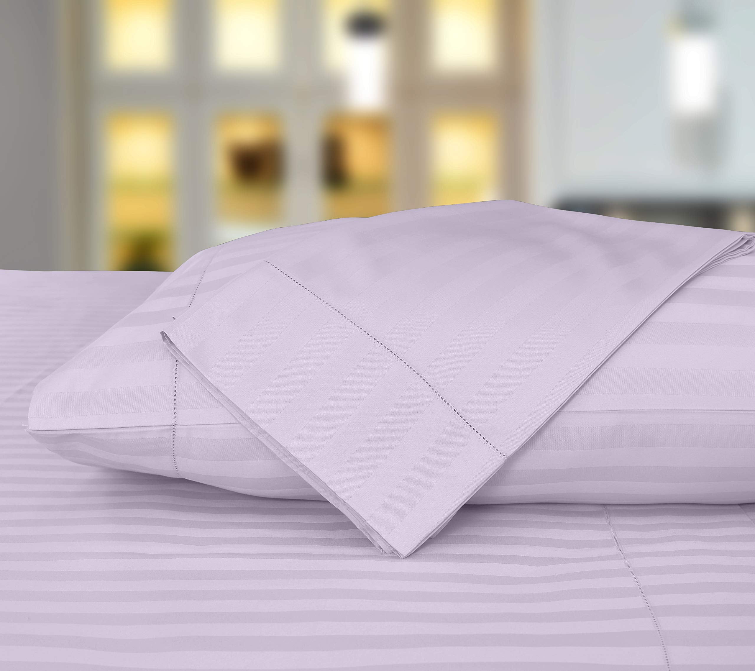 Threadmill 500 Thread Count King Size Damask Stripe, 4 Pc Luxury Cotton Bed Sheet Set, Silky Soft & Breathable Lilac Sheets With