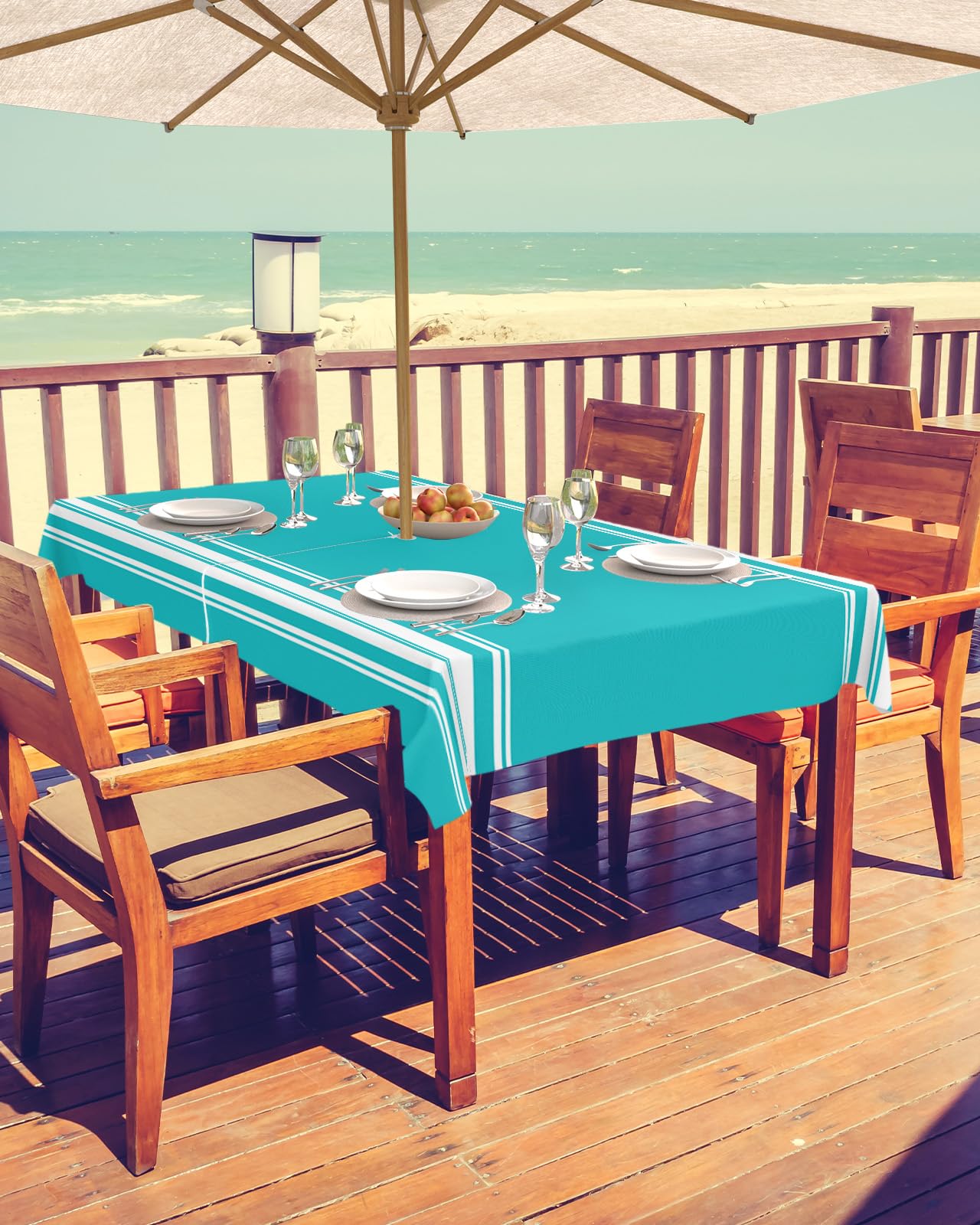 Queenker Outdoor Tablecloth With Umbrella Hole, Farmhouse Aqua White Stripe Rectangle Tables Waterproof Tabletop Collection For