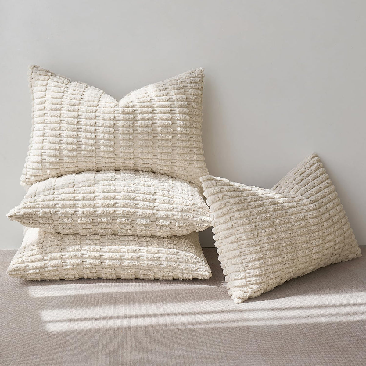 Miulee Christmas Pack Of 4 Cream White Corduroy Decorative Throw Pillow Covers 12X24 Inch Soft Boho Striped Pillow Covers Modern