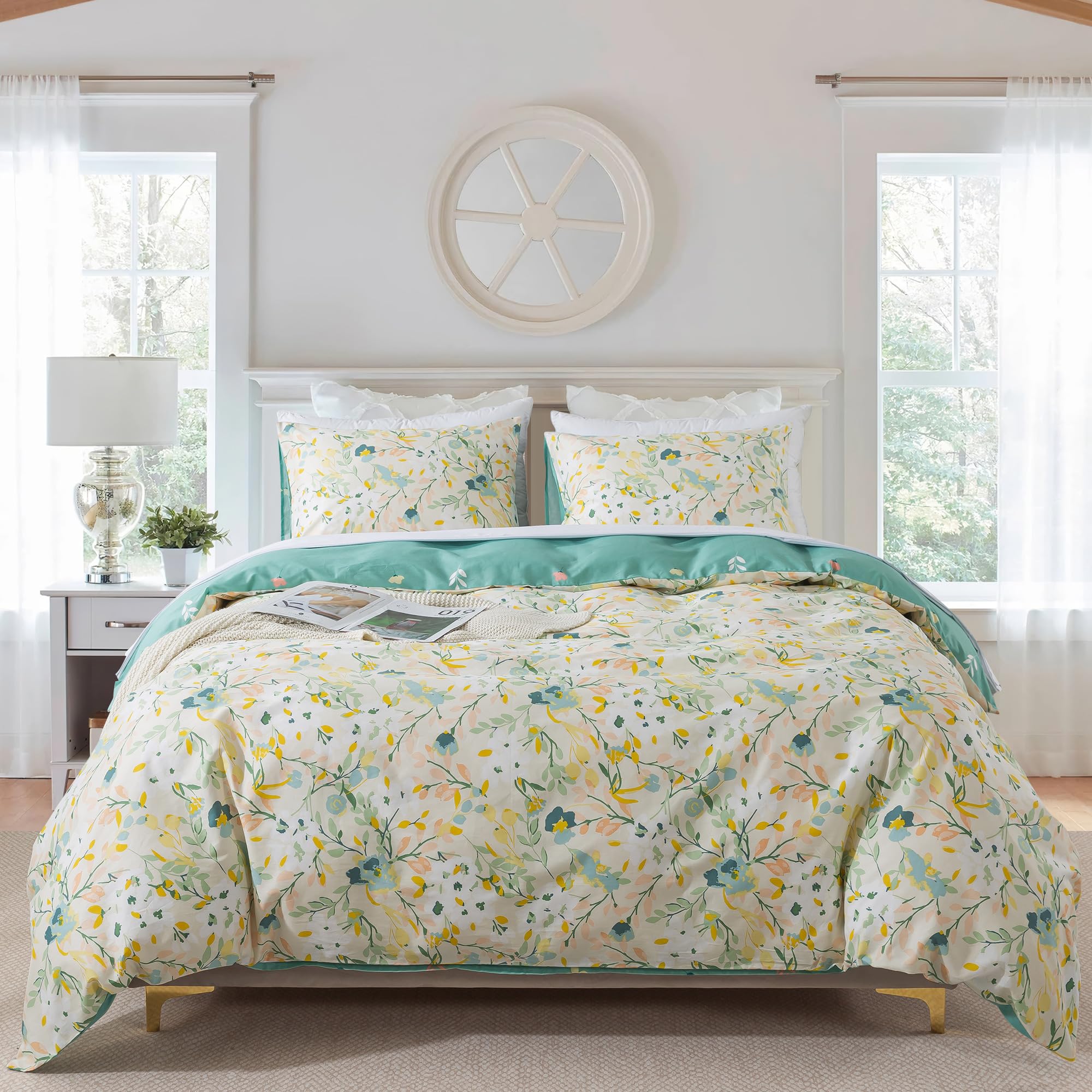 Honeilife Duvet Dover King Size - 100% Cotton Comforter Cover Floral Duvet Cover Sets, Botanical Duvet Cover With Zipper Closure