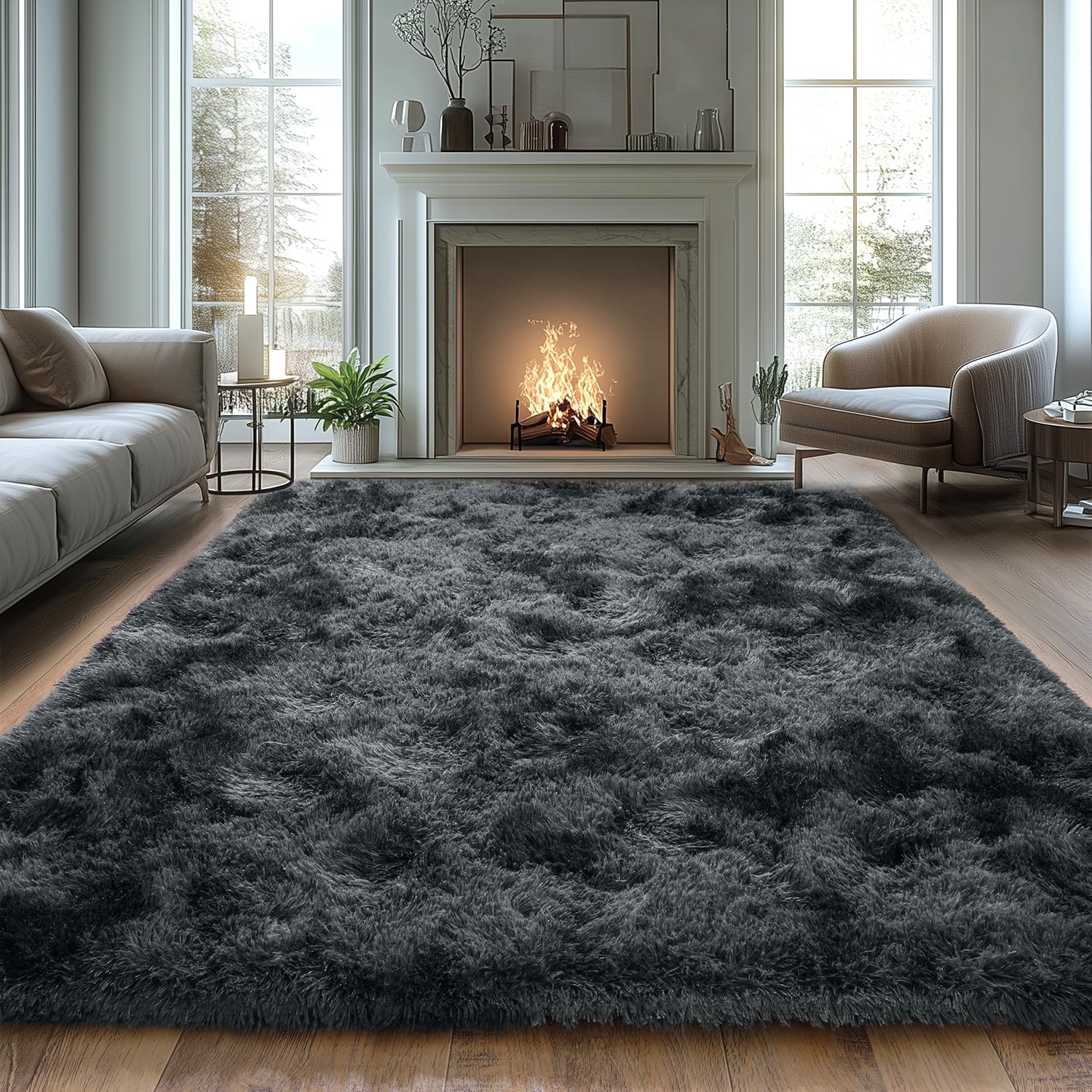 Fluffy Rug for Living Room,Furry Carpet for Teen,Shaggy Rug for Nursery Room, Tie-Dyed Black Grey Fuzzy Plush Rug for Dorm, Rect