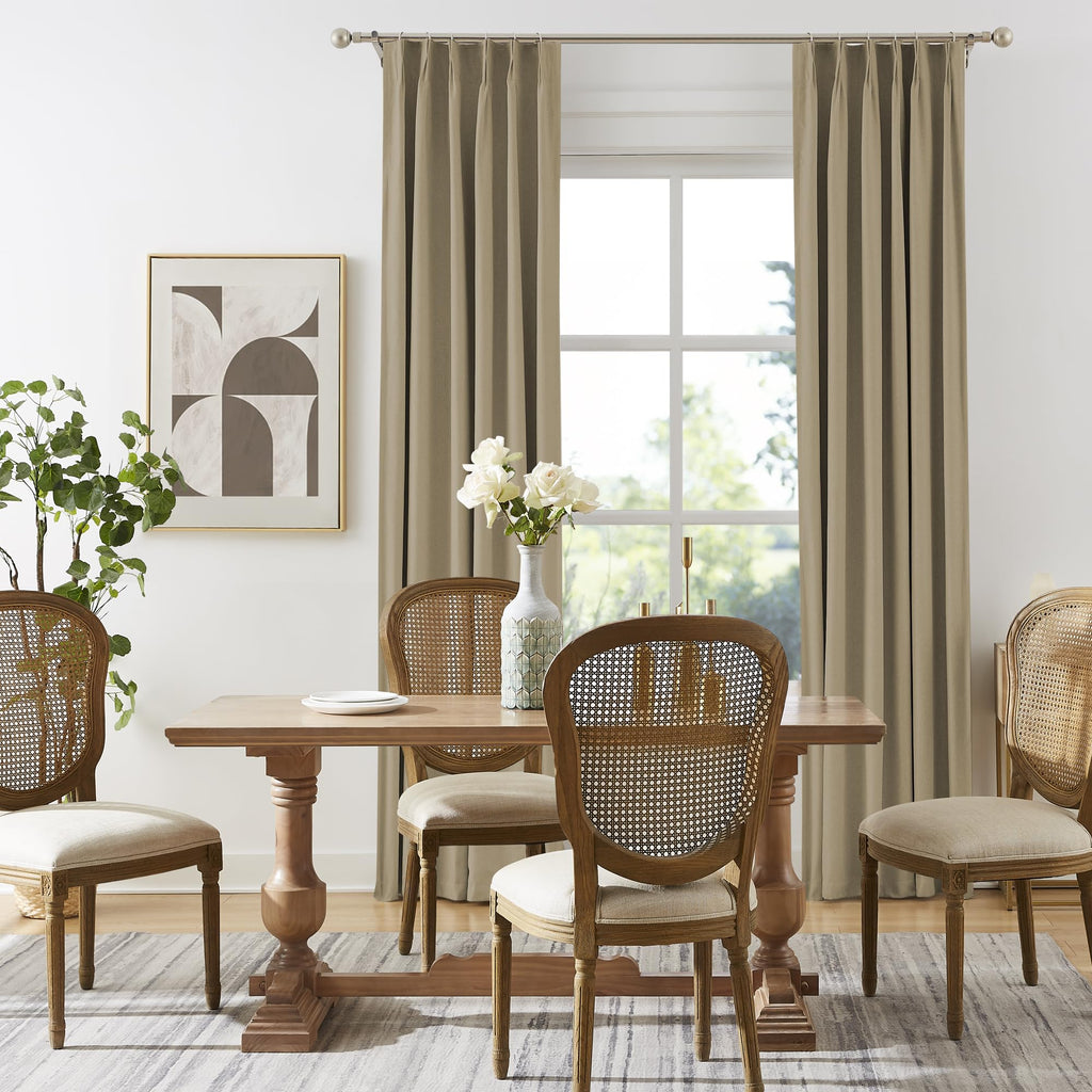 Dualife Taupe Blackout Curtains For Bedroom 90 Inch Length, Linen Pencil Pleat Farmhouse Traverse 100% Black Out Heat & Cold Bac