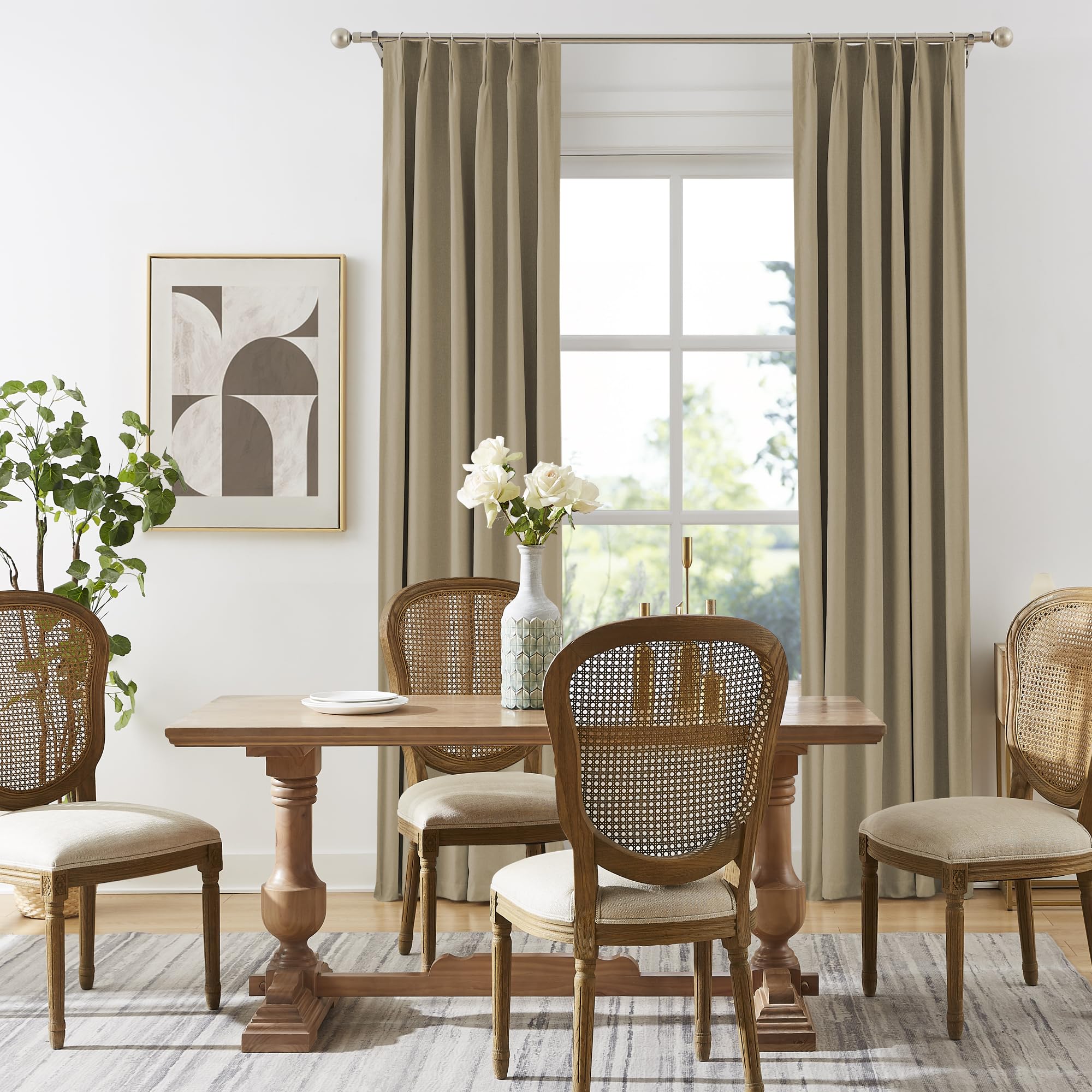Dualife Taupe Blackout Pinch Pleated Curtains For Bedroom 144 Inch Length, Linen Blended Farmhouse 100% Blackout Thermal Insulat