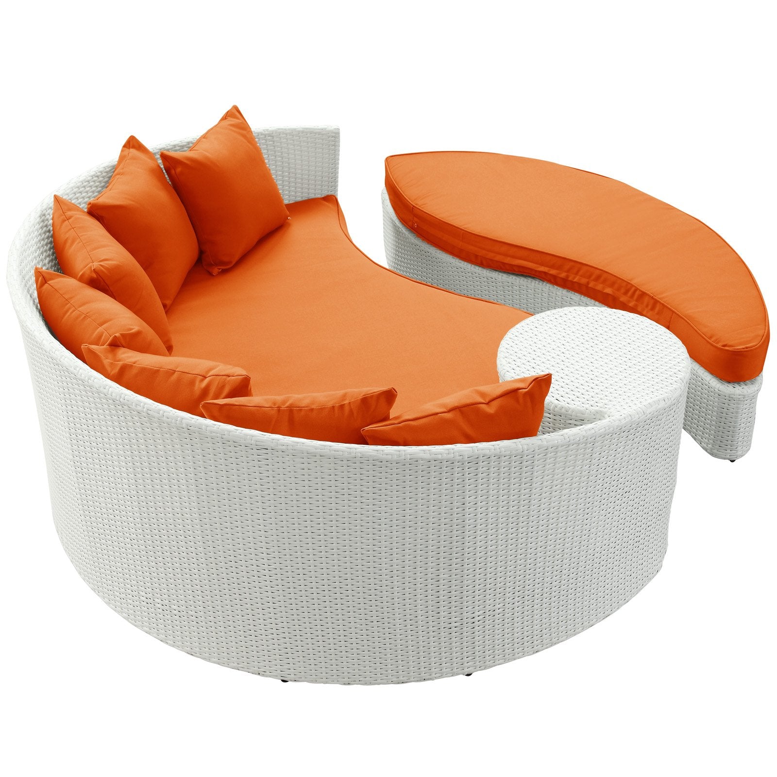 Lexmod Taiji Outdoor Wicker Patio Daybed With Ottoman In White With Orange Cushions