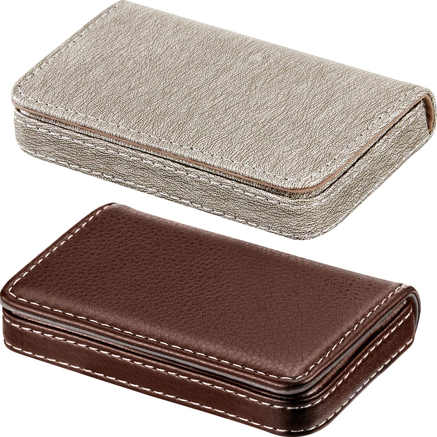 Outus 2 Pieces Business Card Holder, Pu Leather Business Card Case Pocket Wallet With Magnetic Shut For Men Women(Coffee And Gra