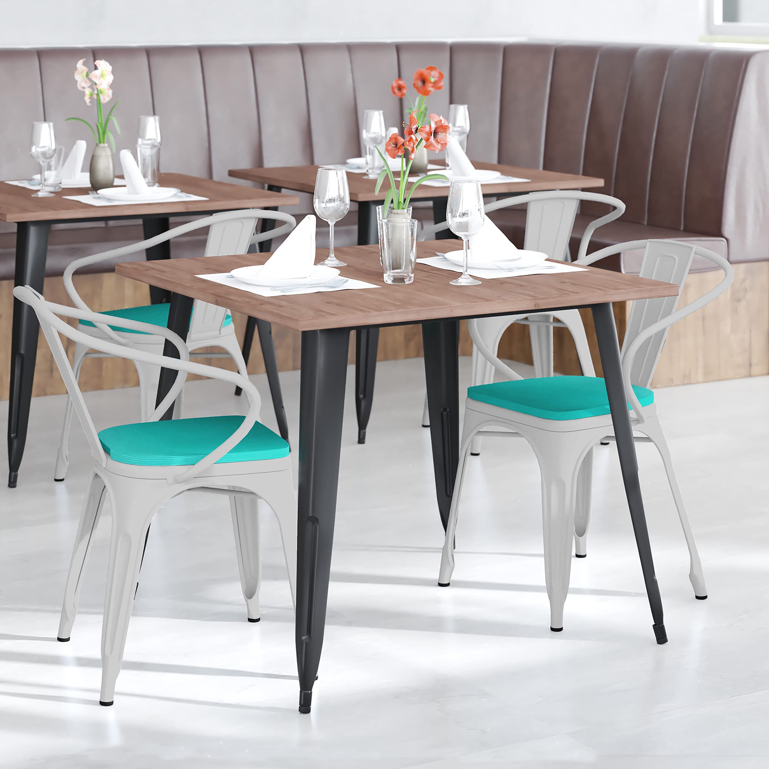 Flash Furniture Luna Commercial Grade Indoor-Outdoor Stack Chair With Arms - White Metal Frame - Mint All-Weather Polystyrene Seat - Vertical Slat Back