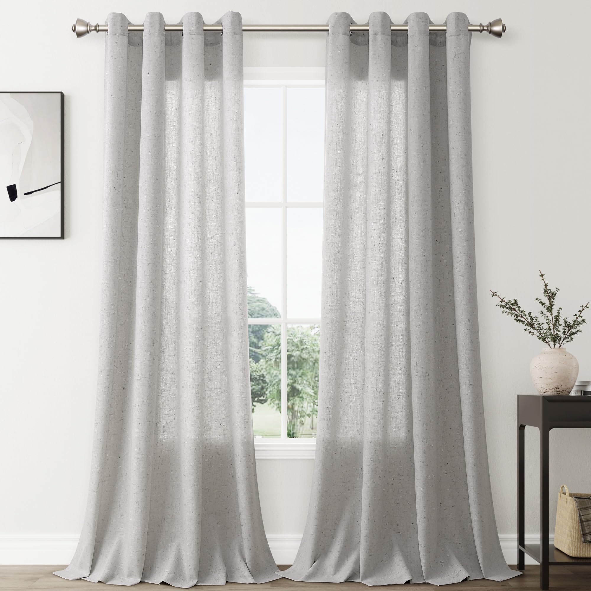 Nanspring Silver Birch Linen Curtains 108 Inch Length 2 Panel Set For Living Room Grommet Light Filtering Semi Sheer Curtains Fa