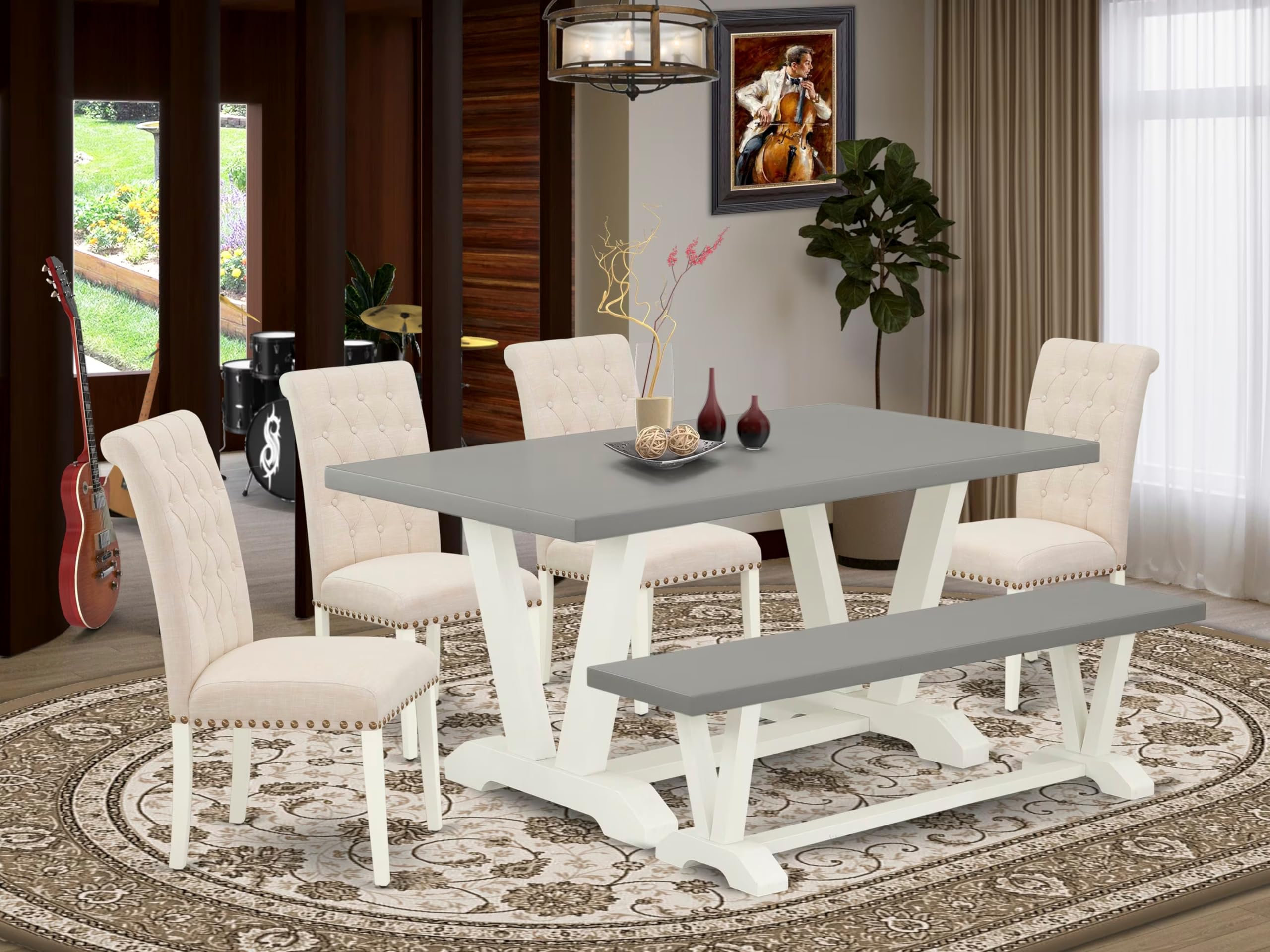 East West Furniture V096Br202-6 6 Piece Dining Table Set Contains A Rectangle Dining Room Table And 4 Light Beige Linen Fabric Upholstered Chairs With A Bench, 36X60 Inch, Multi-Color