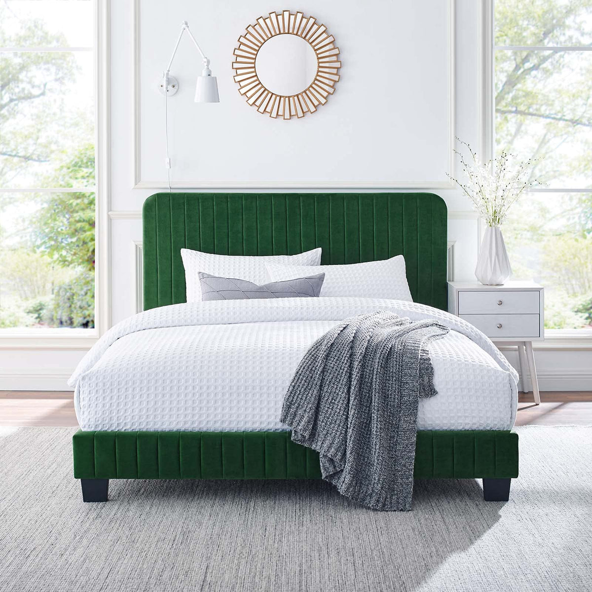 Modway Celine Channel Tufted Performance Velvet Queen Platform Bed in Emerald