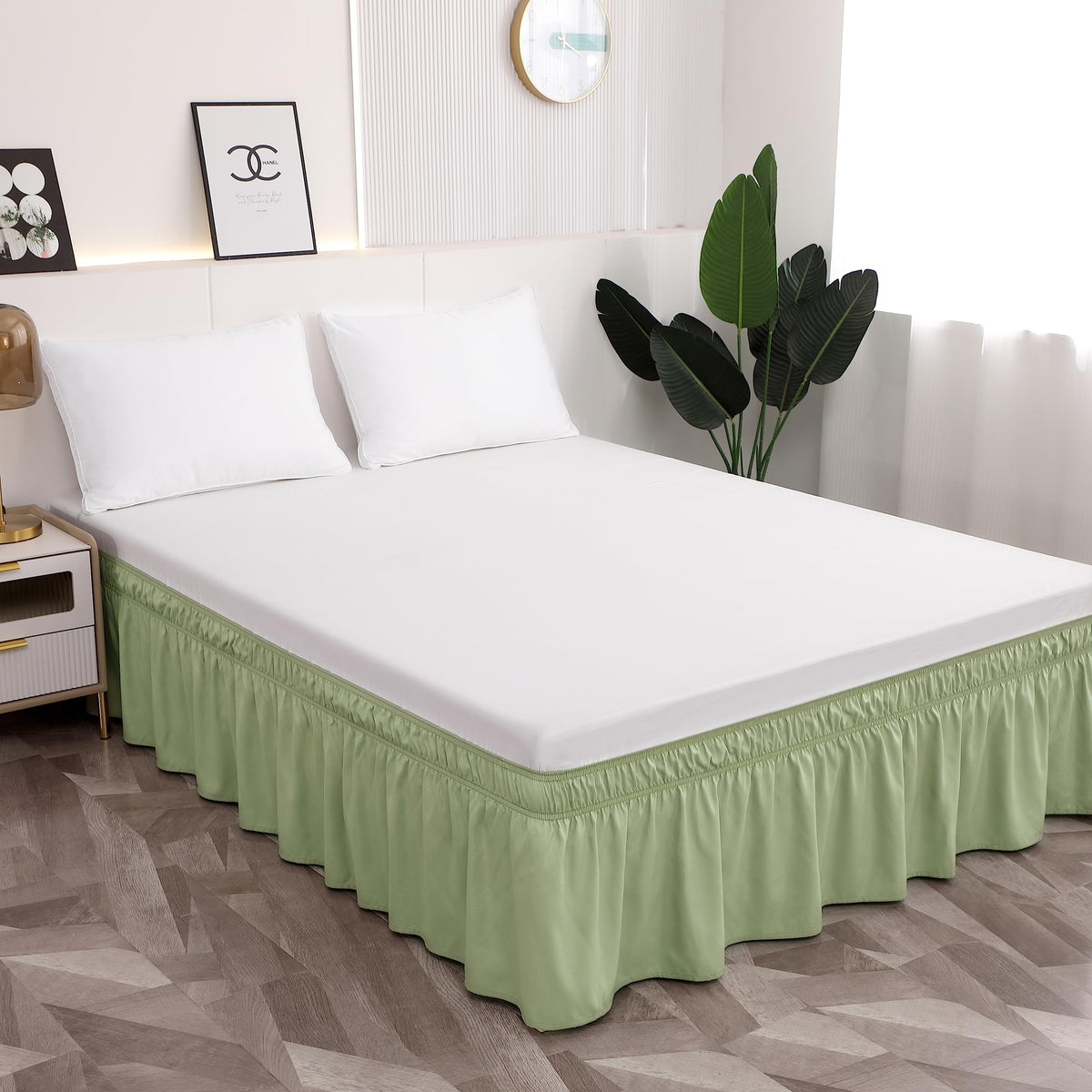 Toodou Easy To Install Wrap Around Sage Green Bed Skirt Three Fabric Sides Elastic Dust Ruffled 16 Inch Tailored Drop, Fade Resi