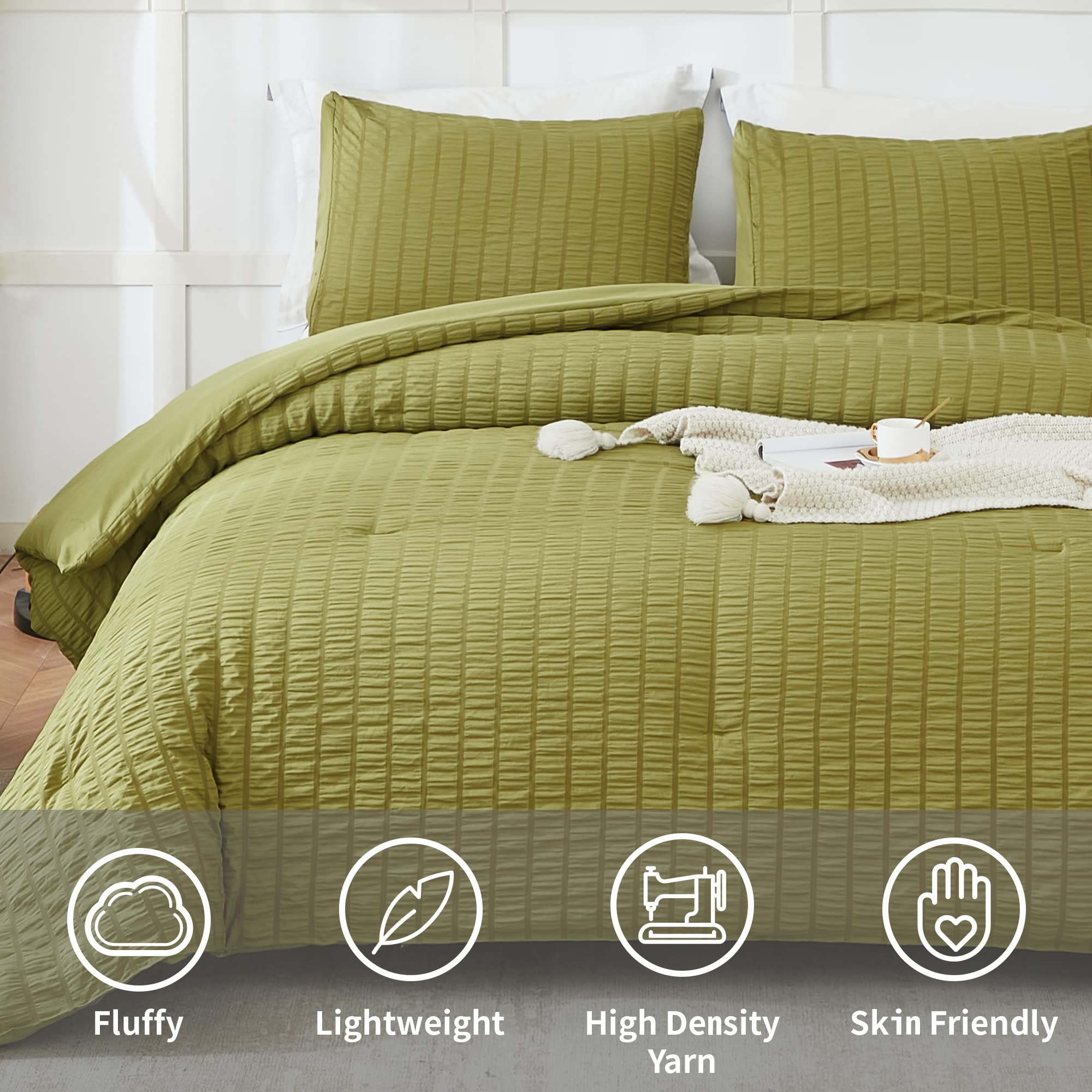 Avelom Olive Green Seersucker California King Comforter Set (104X96 Inches), 3 Pieces-100% Soft Washed Microfiber Lightweight Comforter With 2 Pillowcases, All Season Down Alternative Bedding Set