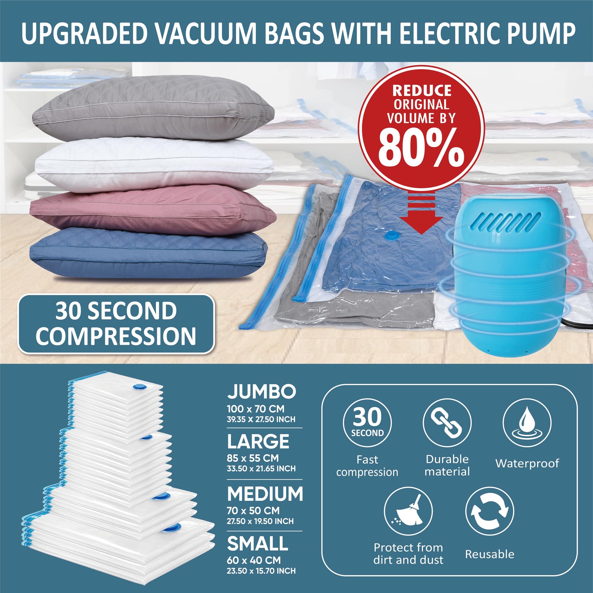 22 Vacuum Storage Bags With Electric Pump, Vacuum Sealed Storage Bags (3Jumbo/3Large/8Medium/8Small), Space Saver Vacuum Seal Ba