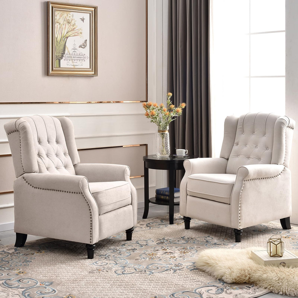 Ebello 2 Pcs Pushback Recliner Chairs, Fabric Armchair Push Back Recliner With Rivet Decoration, Single Sofa Accent Chair For Li